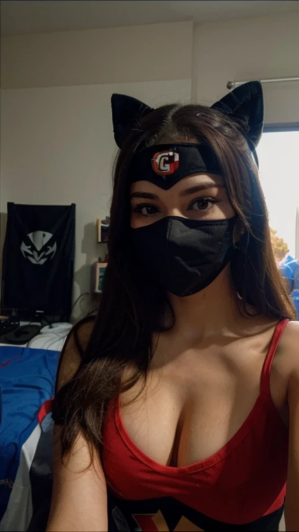 You give me the same woman as to upload an Instagram post of a famous stremer girl with a super gamer room with a mask taking selfies