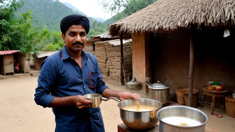 Indian Chaiwala making chai at village