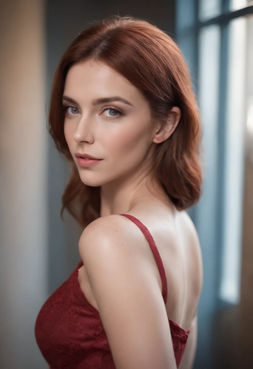 girl with reddish-brown hair, ojos azules, hermoso, cuerpo completo, small breasts, vistiendo un vestido corto rojo con medias de red, tacones altos, pintalabios rojo, cuerpo completo from head to feet