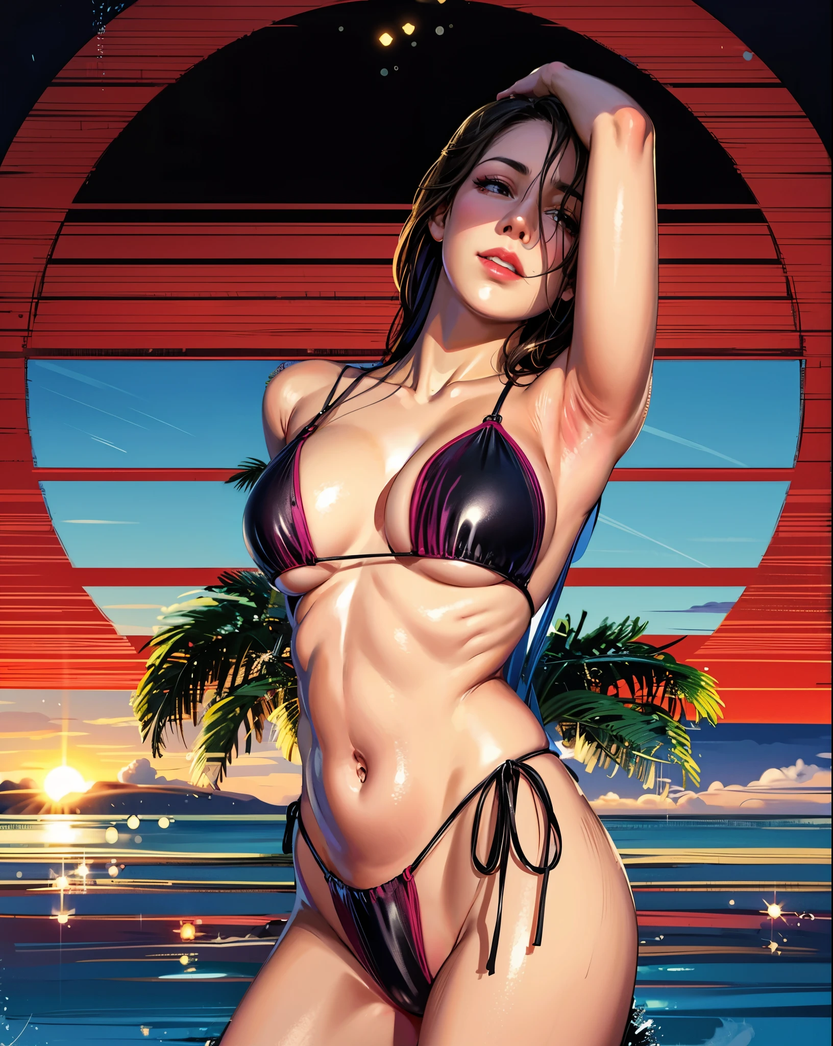 arafed woman in a bikini posing in front of a sunset, realistic bikini, attire: bikini, swimsuit, sexy girl, bikini model, profile pic, in bikini, electronic bikini, is wearing a swimsuit, lorena avarez, in retro swimsuit, sling bikini, boutinela bikini, in a bikini, wearing leather bikini, dressed in belts bikini