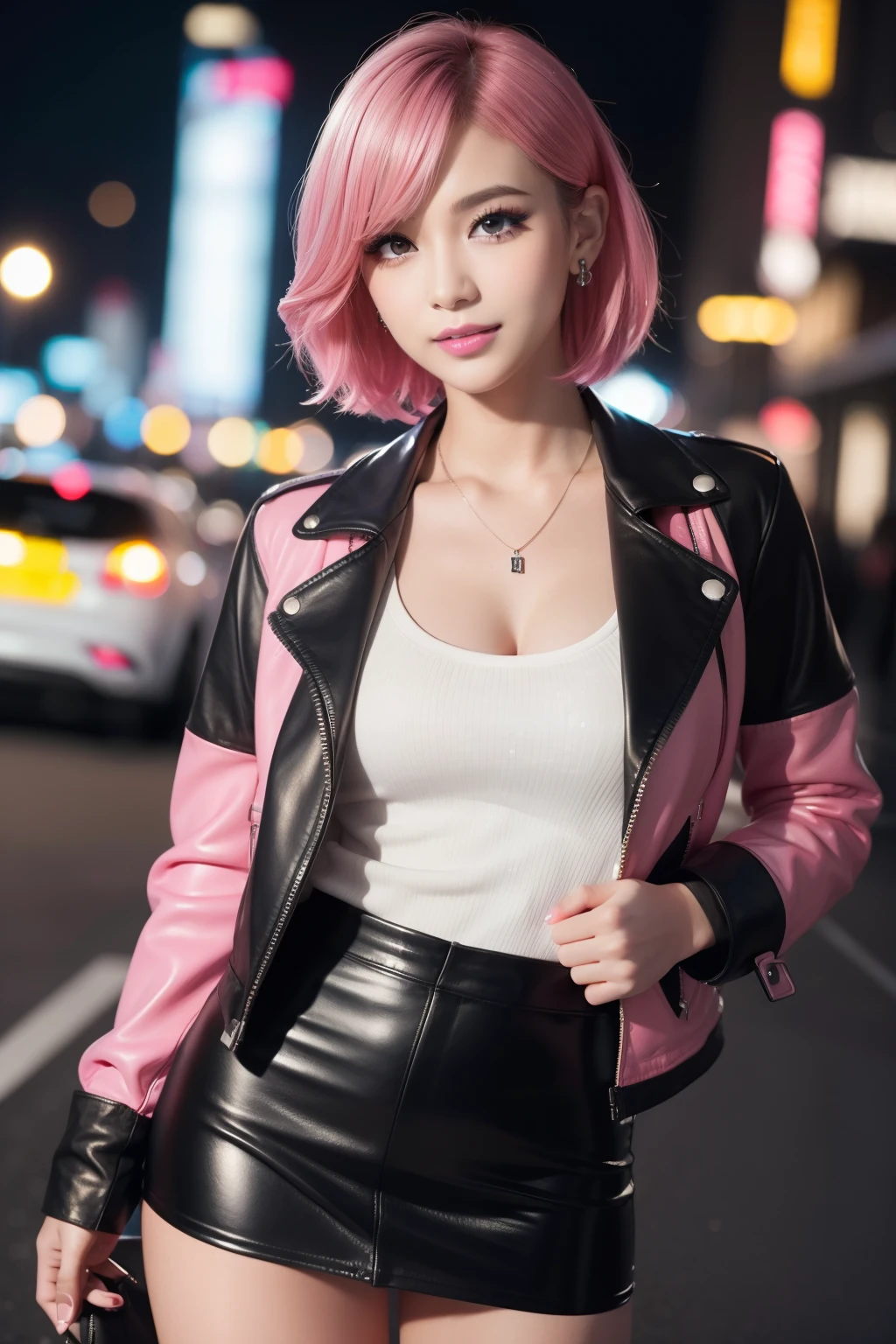 female idol、shiny lip gloss、smiling face、smoky eyeshadow、winged eyeliner、((dramatic lashes))、leather jacket、leather mini skirt、colorful short hair(neon hot pink)、conceptual art, High quality, Realistic, extremely detailed CG unified 8k wallpaper, highly detailed, High-definition raw color photos, professional photography, Cinematic Light, Beautiful detailed, Super Detail, high detail, (((Bokeh))), depth of fields, illumination, City Street, Super stylish lighting