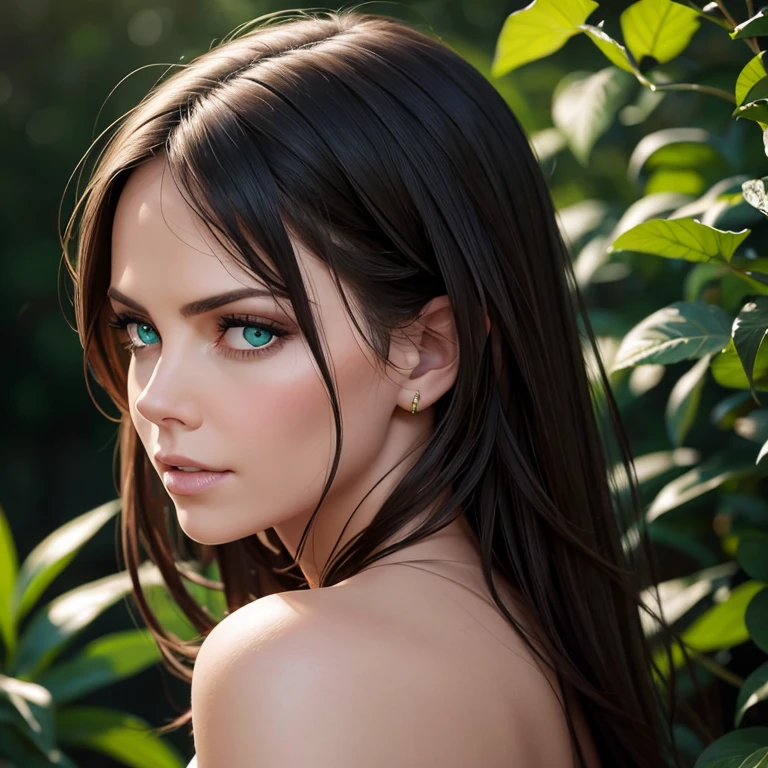 best quality,ultra-detailed,realistic),beautiful detailed green eyes,close-up portrait,Charlize Theron with mesmerizing eyes,graceful and confident posture,soft lighting,dark green background,vibrant colors,hint of mystery and allure,photorealistic rendering,striking beauty,studio shot,sharp focus,intense gaze,sophistication and elegance,subtle smile,high resolution,professional photography,hint of drama,celebrity beauty,perfect complexion,long dark lashes,long wavy brunette hair,subtle makeup,flawless skin,expressive eyes,enchanted beauty,subtle highlights on the face,subtle shadows,subtle reflection in the eyes,faint hint of greenery,emerald green mesmerizing gaze,mesmerizing and captivating presence.