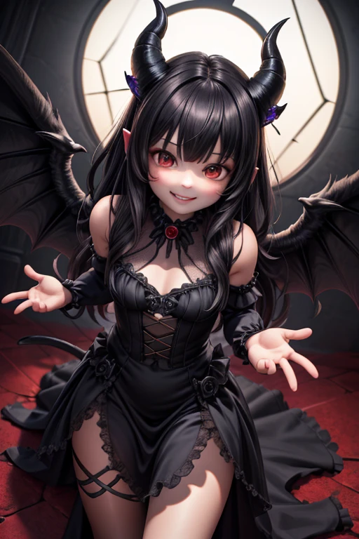 Ultra-realistic 8k CG, masterpiece, best quality, (photorealistic:1.4), absurdres, extremely detailed, real hair, life-like, horror scene, dark setting, cute girl smiling, small , red lipstick, red smokey eyes make up, showing fang, black hair, gothic dress, (white pantyhose), black ((mary jane pumps)), tail, black wings, devil horns, looking at viewer, lying in front of viewer, night sky
