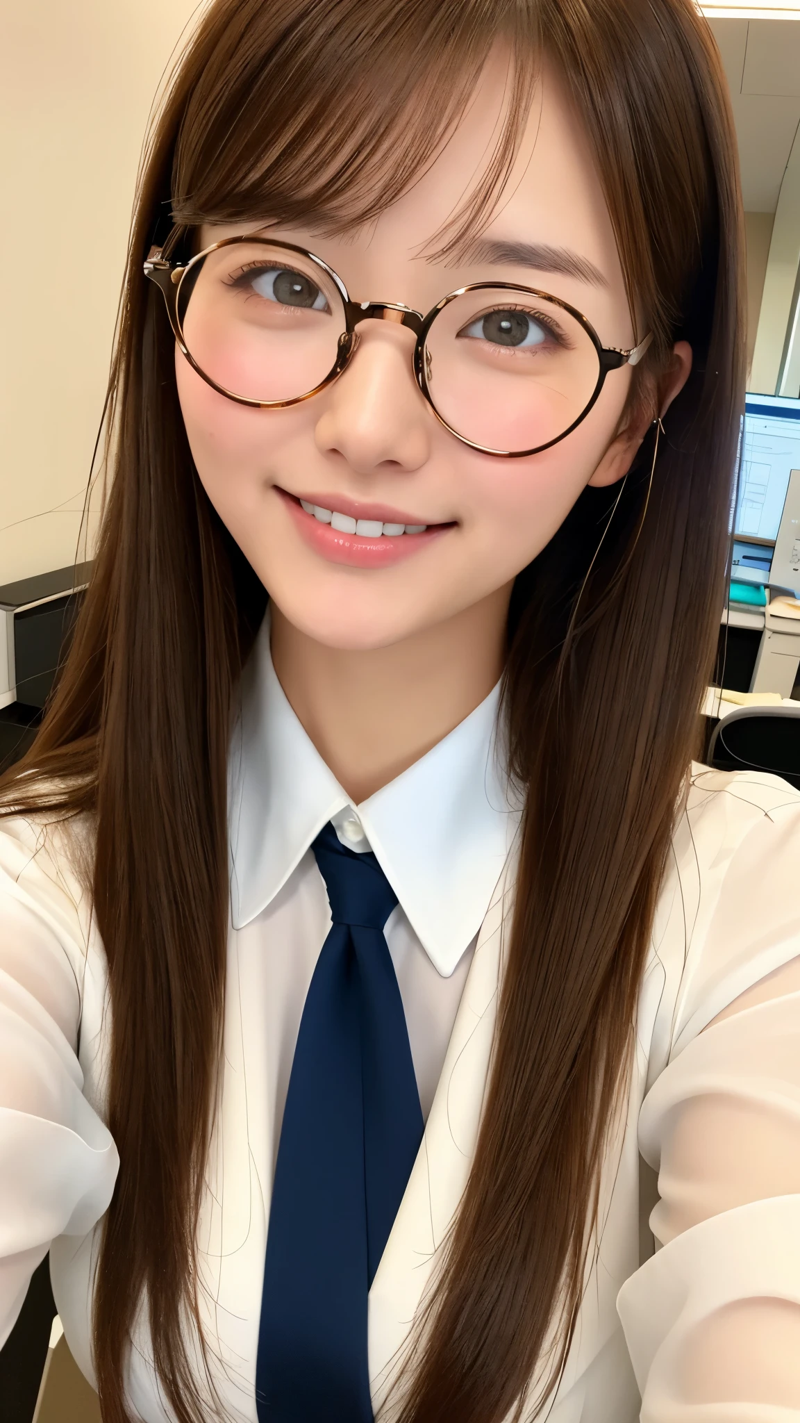 realistic, 1 girl, shining eyes, smile、brown hair、Ultra high definition、Round frame glasses、office、suit、officeチェア、Laptop、white dress shirt