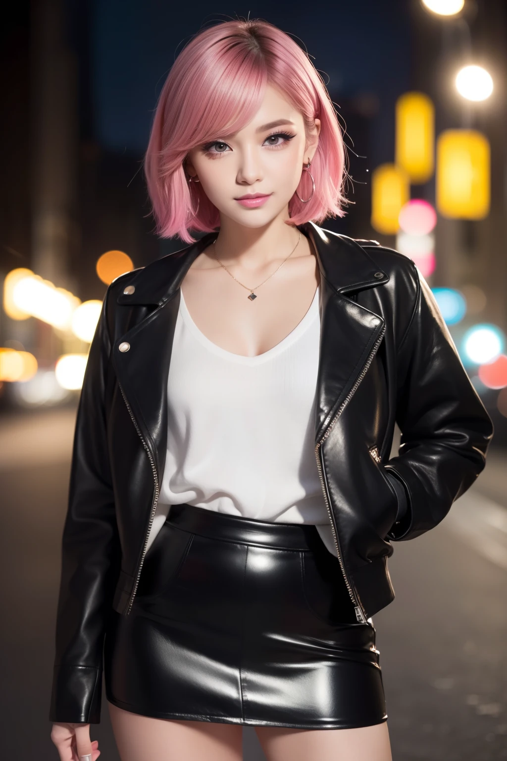 female idol、shiny lip gloss、smiling face、smoky eyeshadow、winged eyeliner、((dramatic lashes))、leather jacket、leather mini skirt、colorful short hair(neon hot pink)、conceptual art, High quality, Realistic, extremely detailed CG unified 8k wallpaper, highly detailed, High-definition raw color photos, professional photography, Cinematic Light, Beautiful detailed, Super Detail, high detail, (((Bokeh))), depth of fields, illumination, City Street, Super stylish lighting