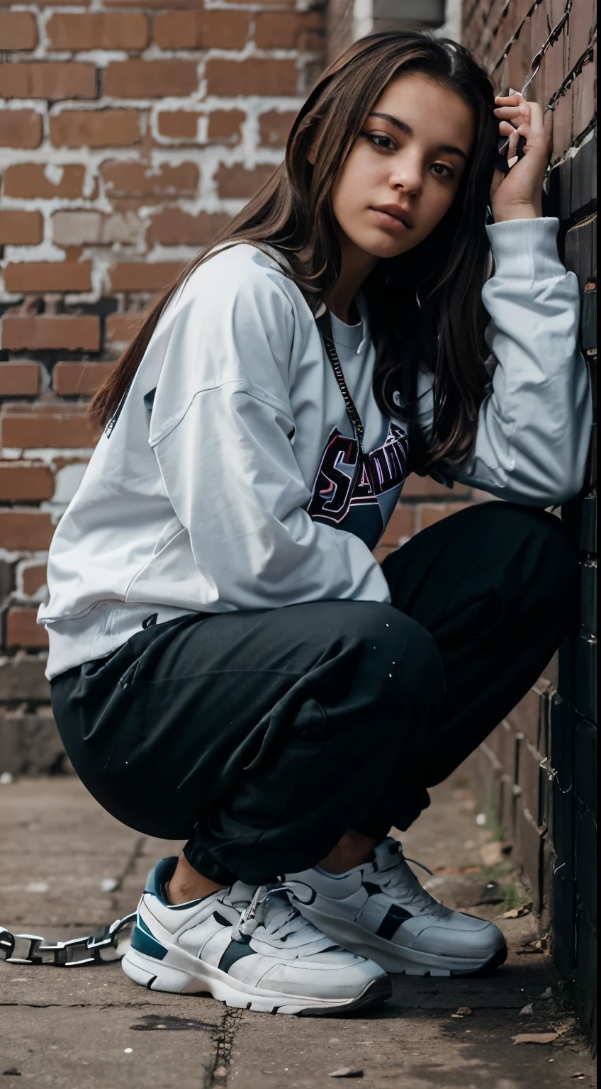 Generate an image of a teenage girl in Hip hop clothing wearing American hockey player pants in the background of this image a brick wall and a chain link fence edited in 8k