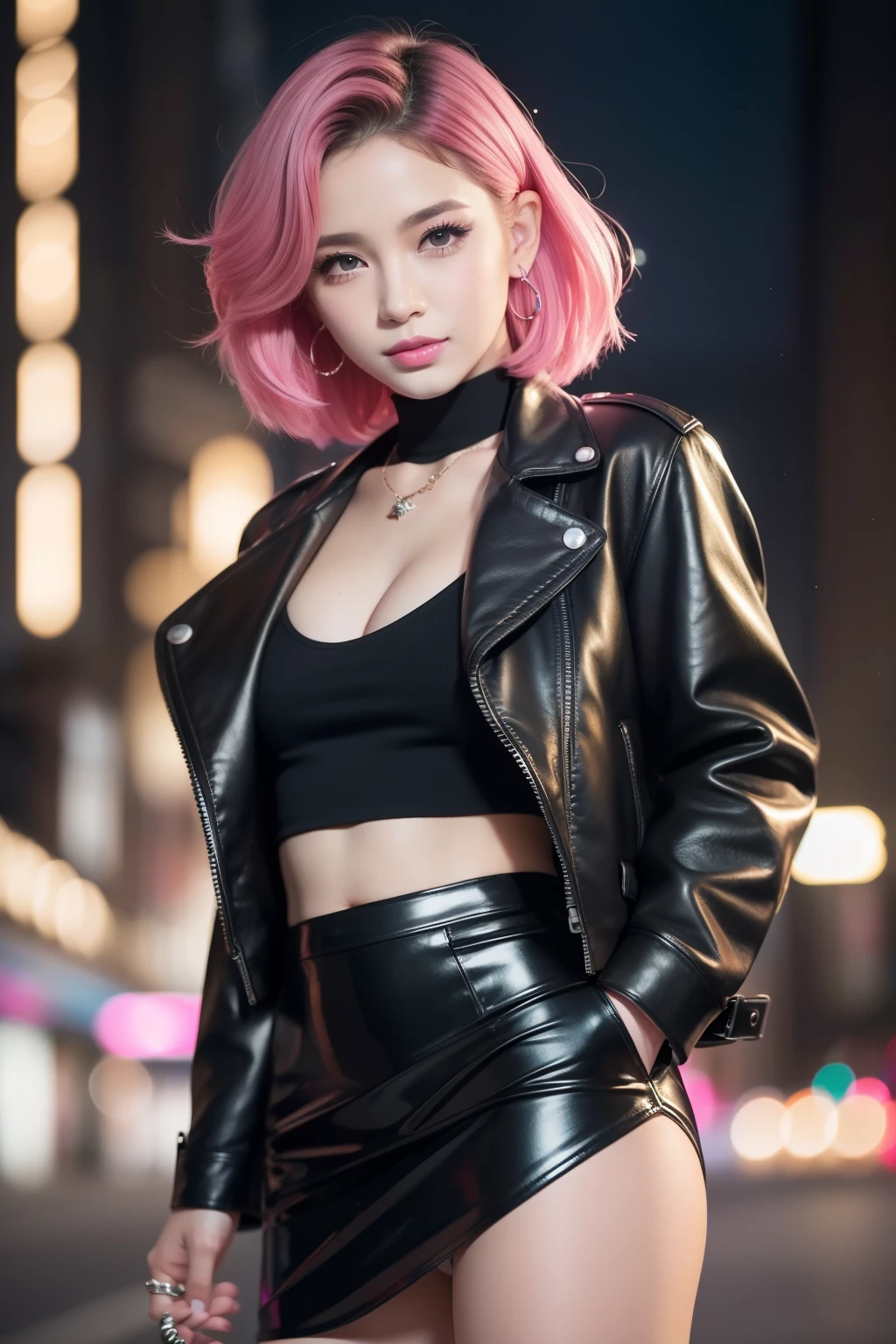 female idol、shiny lip gloss、smiling face、smoky eyeshadow、winged eyeliner、((dramatic lashes))、leather jacket、leather mini skirt、colorful short hair(neon hot pink)、conceptual art, High quality, Realistic, extremely detailed CG unified 8k wallpaper, highly detailed, High-definition raw color photos, professional photography, Cinematic Light, Beautiful detailed, Super Detail, high detail, (((Bokeh))), depth of fields, illumination, City Street, Super stylish lighting