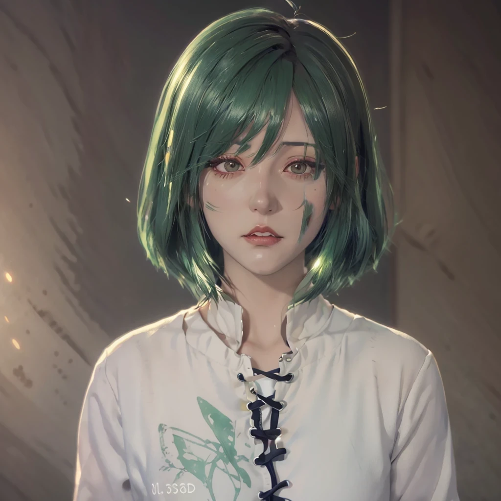 green hair,green back,Close-up, Realistic anime 3d style, anime styled 3d, Photorealistic anime girl rendering, anime style. 8K, realistic 3d animation, anime realism style, anime cgi style, Smooth anime CG art, anime cgi, realistic anime art style, semirealistic anime style, hyper realistic anime,white clothes, angly