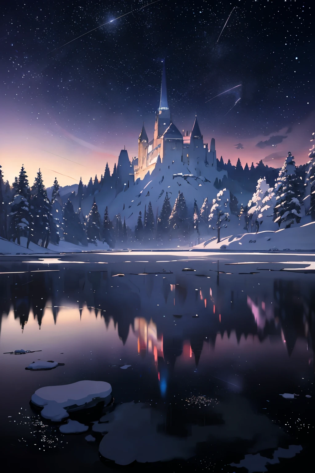 Masterpiece, breathtaking scene, no humans present, (((Makoto Shinkai style))), pixiv, anime drawing, high quality, pink and purple gradient sky, tranquil and beautiful (Scene), (Universe, train passing, magical realism, ((Makoto Shinkai style)), extensive details),
An artistic atmosphere envelops the picture with an ambience of: Atmosphere: 0.8, an exquisite starry sky spread across the canvas, a spectacle of natural beauty. The scene is infused with an ethereal aura, where hills are blanketed with a light dusting of snow, and the stillness of the water reflects the gentle glow