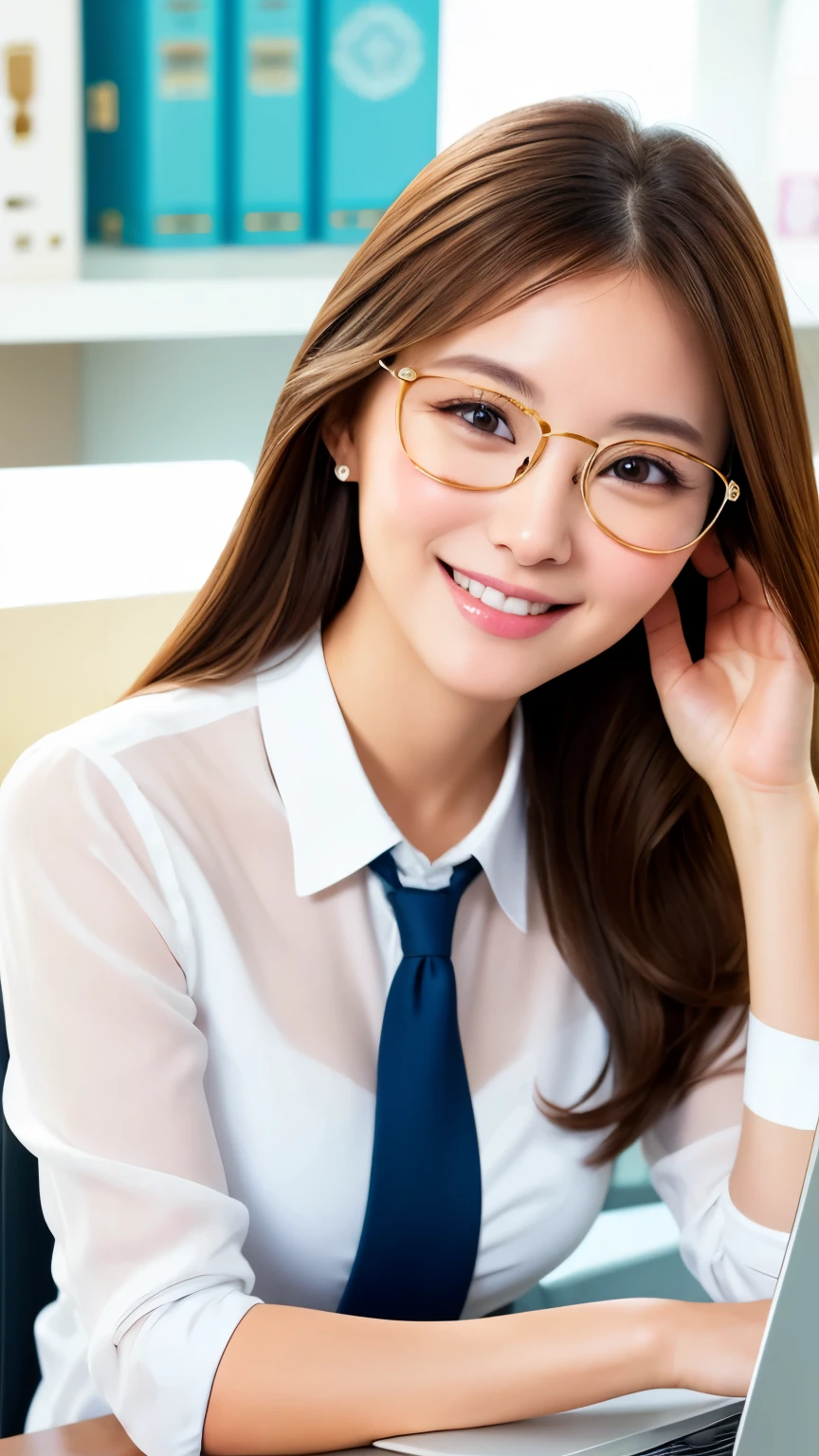 realistic, 1 girl, shining eyes, smile、brown hair、Ultra high definition、Round frame glasses、office、suit、officeチェア、Laptop、white dress shirt