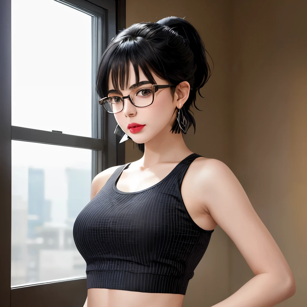 Masterpiece, absurdres,award winning photo, extremely detailed, 1girl, american, short hair, black hair, middle part, ponytail, thick glasses, crop top, striped tank top, lipstick, earrings, hands on hip, skinny, pout, medium breasts, indoors