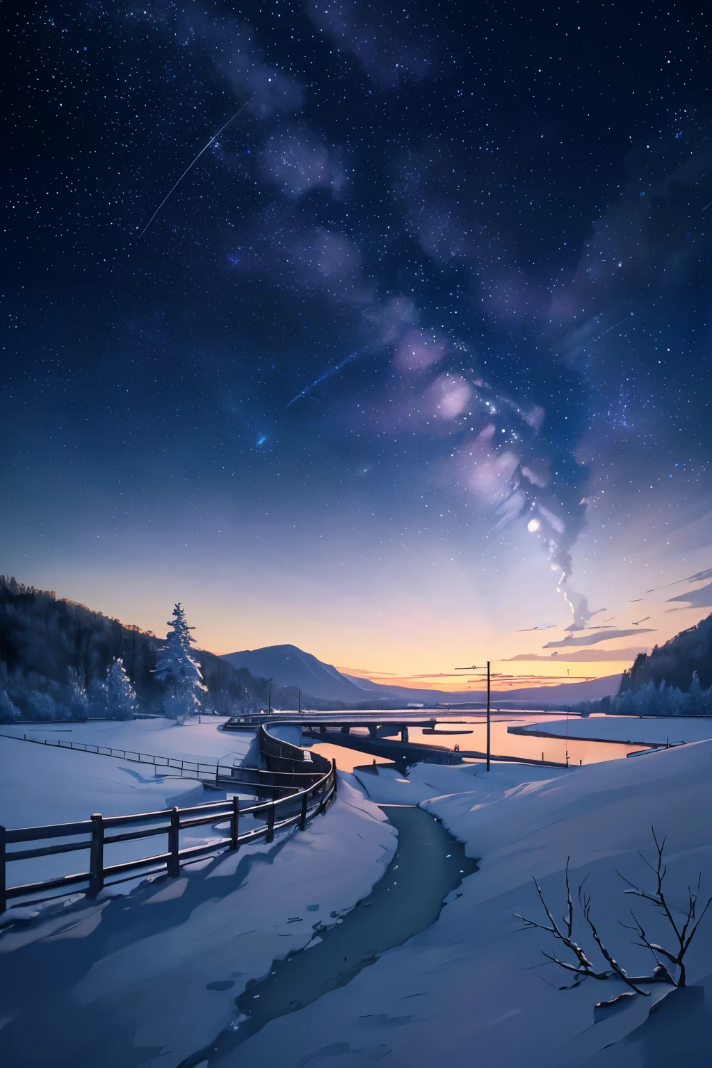 Masterpiece, breathtaking scene, no humans present, (((Makoto Shinkai style))), pixiv, anime drawing, high quality, pink and purple gradient sky, tranquil and beautiful (Scene), (Universe, train passing, magical realism, ((Makoto Shinkai style)), extensive details),

An artistic atmosphere envelops the picture with an ambience of: Atmosphere: 0.8, an exquisite starry sky spread across the canvas, a spectacle of natural beauty. The scene is infused with an ethereal aura, where hills are blanketed with a light dusting of snow, and the stillness of the water reflects the gentle glow