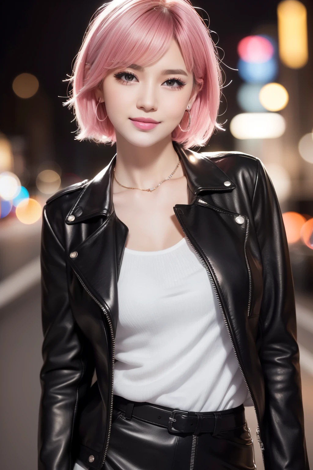 female idol、shiny lip gloss、smiling face、smoky eyeshadow、winged eyeliner、((dramatic lashes))、leather jacket、leather mini skirt、colorful short hair(neon hot pink)、conceptual art, High quality, Realistic, extremely detailed CG unified 8k wallpaper, highly detailed, High-definition raw color photos, professional photography, Cinematic Light, Beautiful detailed, Super Detail, high detail, (((Bokeh))), depth of fields, illumination, City Street, Super stylish lighting