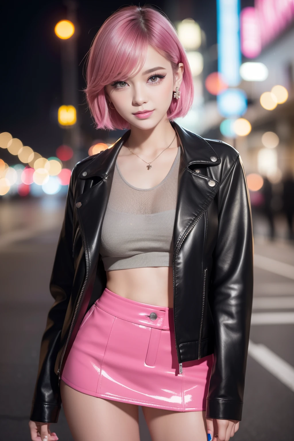 female idol、shiny lip gloss、smiling face、smoky eyeshadow、winged eyeliner、((dramatic lashes))、leather jacket、leather mini skirt、colorful short hair(neon hot pink)、conceptual art, High quality, Realistic, extremely detailed CG unified 8k wallpaper, highly detailed, High-definition raw color photos, professional photography, Cinematic Light, Beautiful detailed, Super Detail, high detail, (((Bokeh))), depth of fields, illumination, City Street, Super stylish lighting