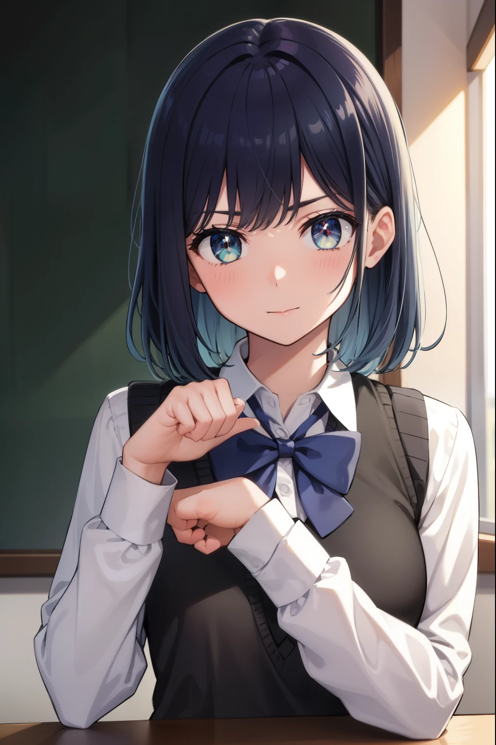 akanekurokawa, akane kurokawa, aqua eyes, blue hair, medium hair, sidelocks,
BREAK black sweater vest, blue bow, blue bowtie, bow, bowtie, collared shirt, long sleeves, puffy sleeves, , shirt, sweater vest, white shirt,
BREAK looking at viewer,
BREAK indoors, classroom,
BREAK (masterpiece:1.2), best quality, high resolution, unity 8k wallpaper, (illustration:0.8), (beautiful detailed eyes:1.6), extremely detailed face, perfect lighting, extremely detailed CG, (perfect hands, perfect anatomy),