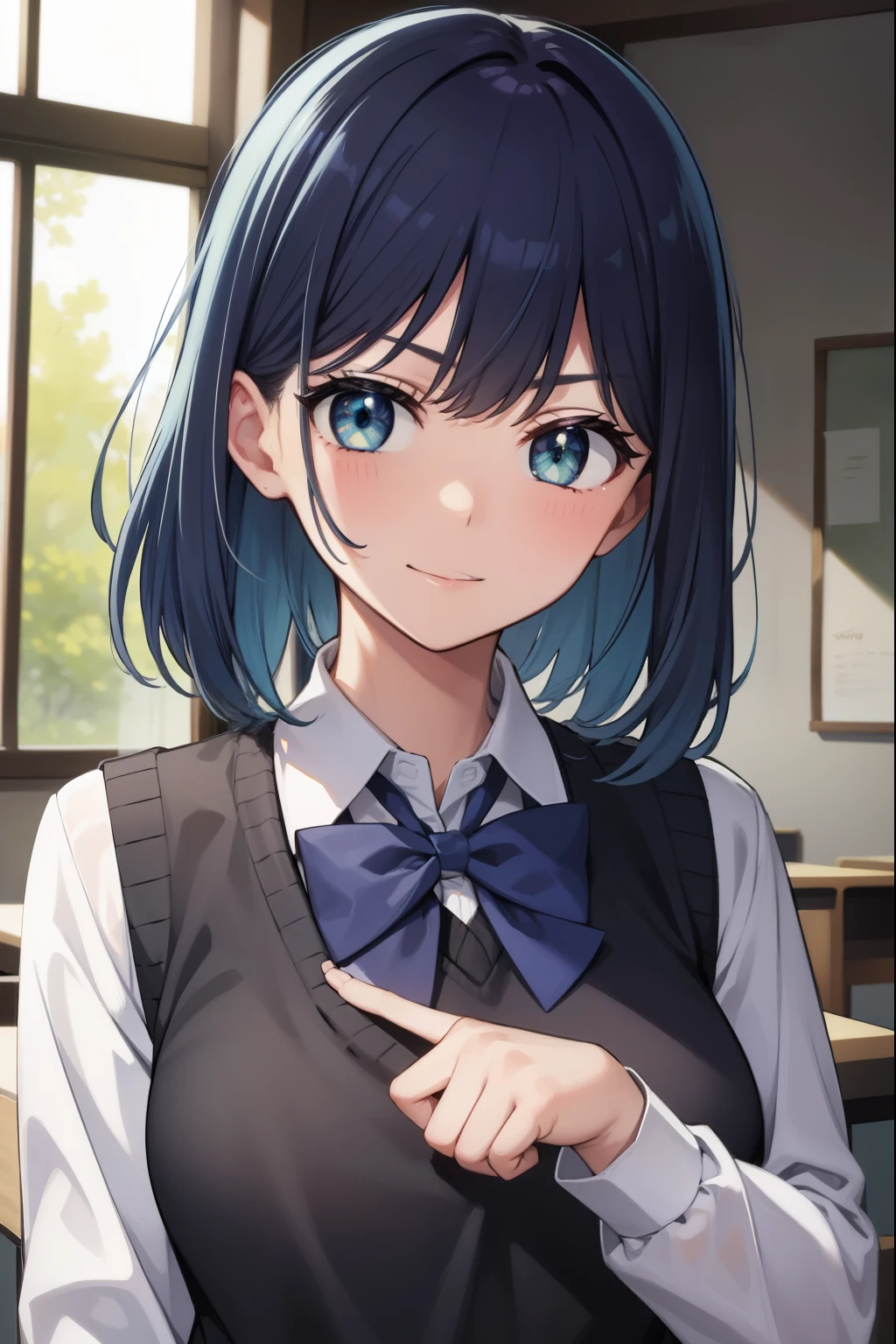akanekurokawa, akane kurokawa, aqua eyes, blue hair, medium hair, sidelocks,
BREAK black sweater vest, blue bow, blue bowtie, bow, bowtie, collared shirt, long sleeves, puffy sleeves, , shirt, sweater vest, white shirt,
BREAK looking at viewer,
BREAK indoors, classroom,
BREAK (masterpiece:1.2), best quality, high resolution, unity 8k wallpaper, (illustration:0.8), (beautiful detailed eyes:1.6), extremely detailed face, perfect lighting, extremely detailed CG, (perfect hands, perfect anatomy),