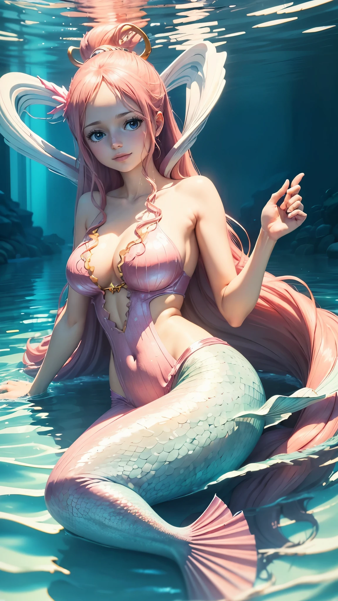 ((top-quality, 8K, masterpiece:1.3)), A detailed eye, (looking at from the front), Look at the camera, ((Everything is sparkling、reflecting light:1.2)), (Best Ratio: 4 fingers, 1 thumb), (portrait), (((Shirahoshi from One Piece))), mermaid, pink lights hair, long hair, smile, blushing, beautiful face, , head tilt, looking at viewer, , mermaid legs, embarrassed, swimming , hands up,