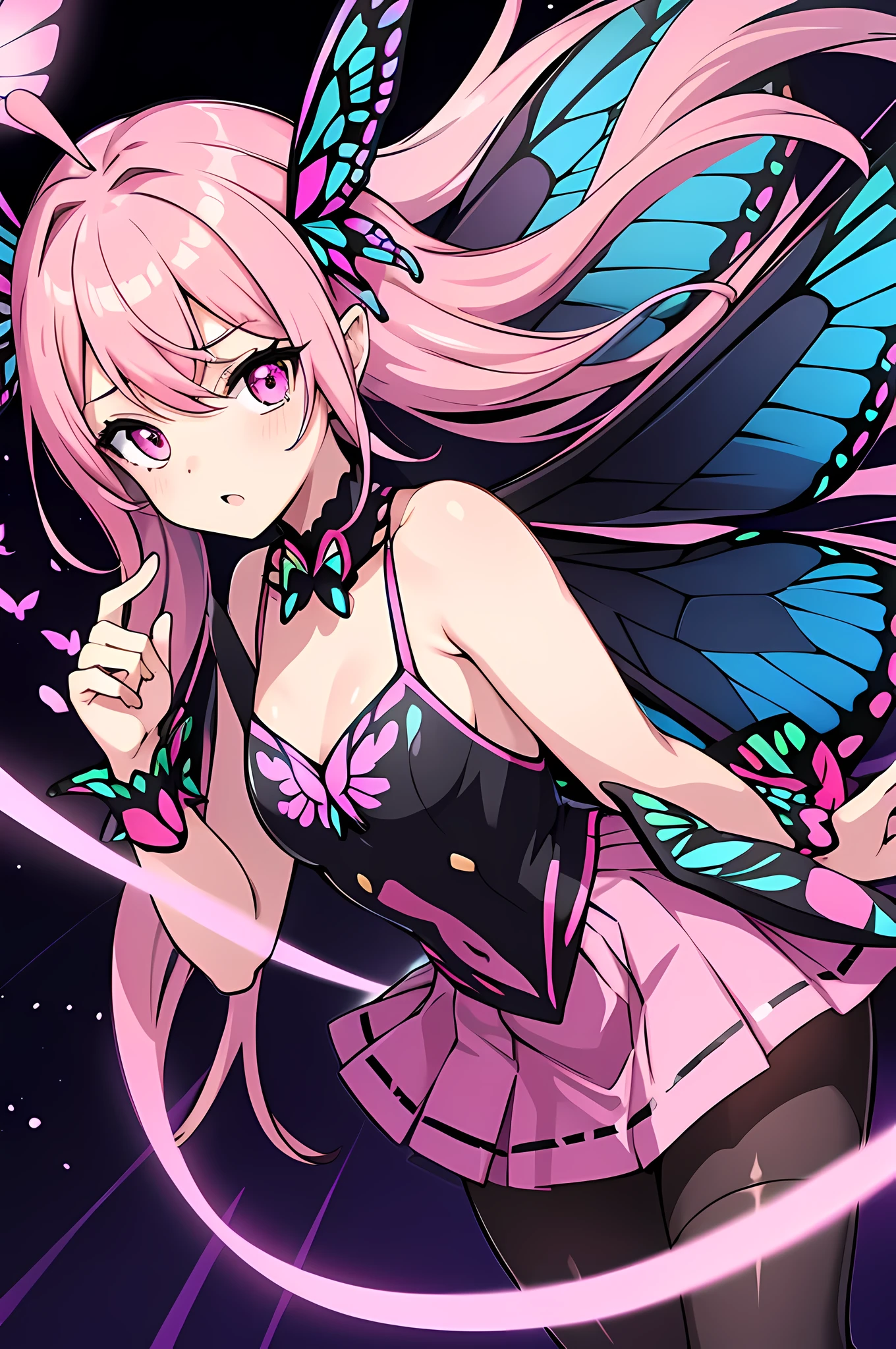 1girl, (butterfly ears:1.1), (apricot hair), (extremely curly hair), (very long hair), (hime bangs), (sage green eyes), (dynamic pose), (colorful white idol costume), (frilly skirt), (white lace pantyhose), (butterfly wings:1.3), (dynamic angle), more_details:-1, more_details:0, more_details:0.5, more_details:1, more_details:1.5, glowify, more prism, vibrant color, jewelry background, floating gems, floating glass pieces