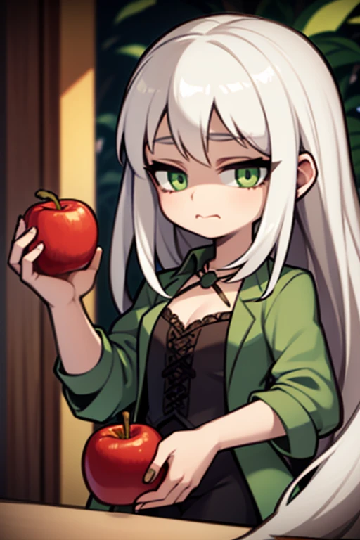 A young silver haired woman with green eyes is eating an apple on a branch in gothic clothing