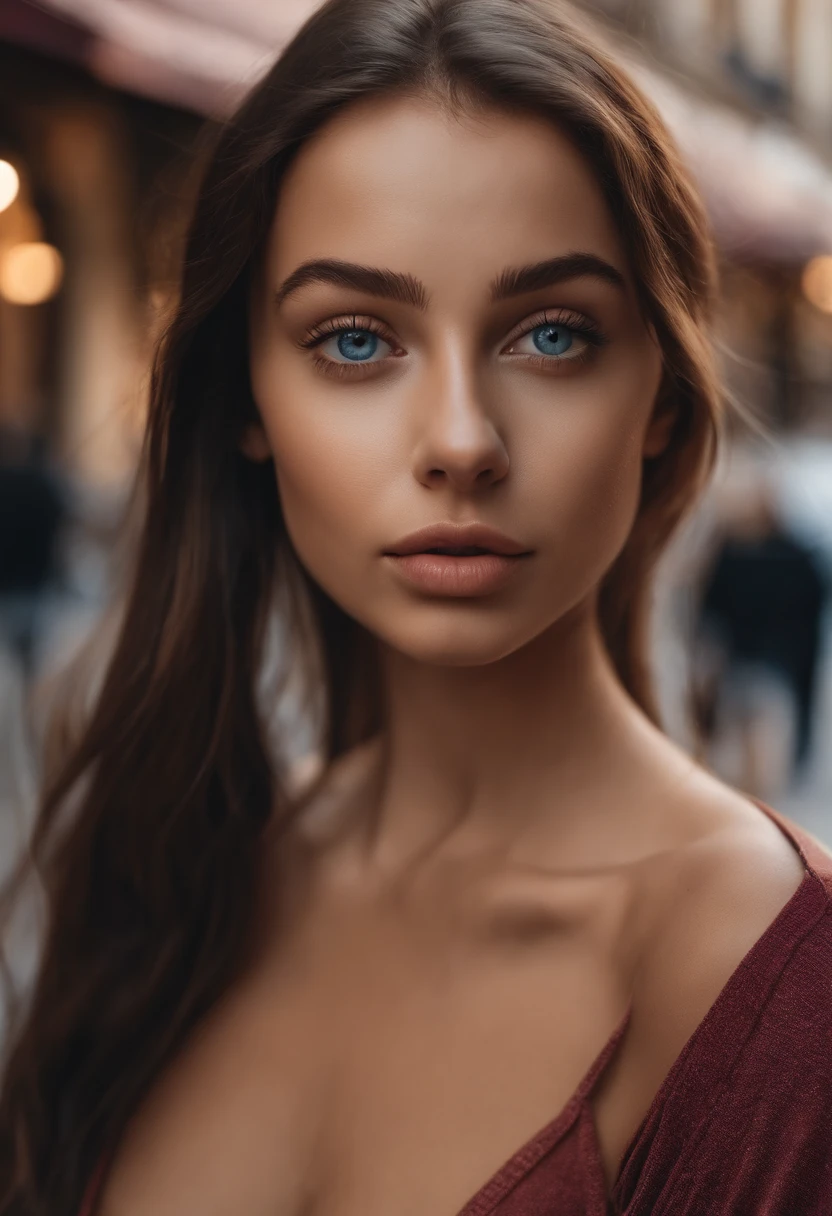 woman with no top and panties, blue eyes, portrait sophie mudd, brown hair and large eyes, selfie of a young woman, street eyes, violet myers, without makeup, natural makeup, looking directly at the camera, face with artgram, subtle makeup, stunning at the street, cleavage, at the mall from espagne