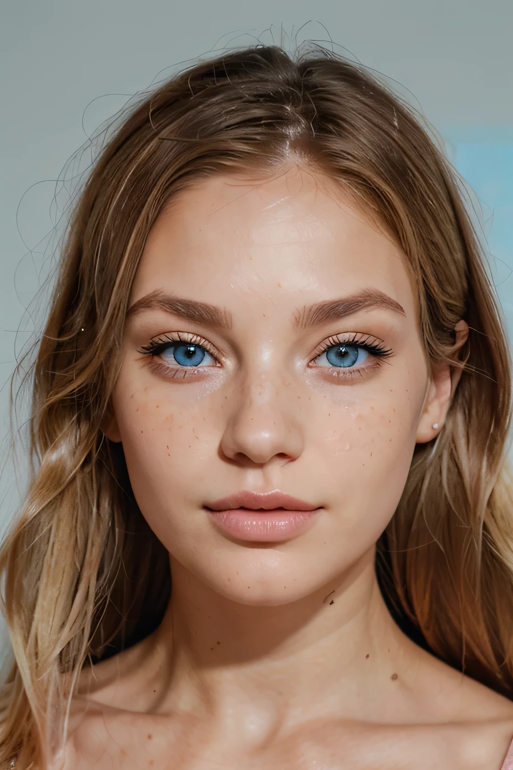 create a close up of a womans face. Her hair is dark blonde. She has full pink lips and a small nose with a slope. her eyes are light blue and almond shaped. her skin is fair with some freckles. She has thick eyelashes. she has high cheekbones.