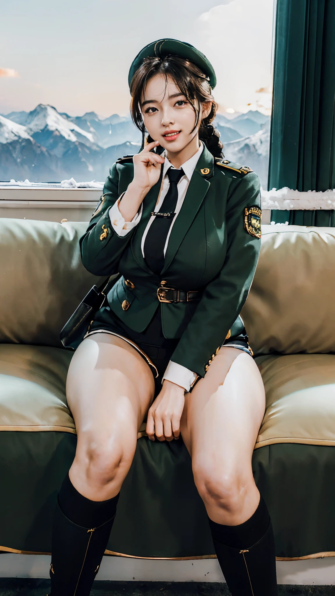 Usually detailed CG Unity 8K wallpaper，（tmasterpiece），（Best quality at best），（ultra - detailed），（ultra real photo），（best character detail：1.36），Nikon D750F / 1.4 55mm，RAW photos，profesional lighting， physically-based renderingt, 1 plump girl, girl soldier，(Dark green military uniform，(Dark green military uniform)，Business suit，Fabric texture military uniform, perfect military composure)，(Wear a plain white shirt under the jacket:1.25)，(black necktie)，((Black panty,))，bare-legged，Plump thighs,military hat，Large wavy curls，Do not tie your hair，Short hair details，Twist braids)，the golden ratio,[:(Have a delicate face:1.2):0.2]:，PureErosFace_V1，Dark thick eyebrows,(gigantic breasts:1.55),(gigantic ass),(Plump thighs:1.45),(Wide crotch:1.55),((Place your finger to your mouth):1.4)，Close-up shot，((Smile full of confidence， shy，On snowy mountains):1.35)，(((Close-up of panties),Close-up of chest,closeup of face,Front view，))，(Sunset sky，gentlesunlight，sunshine on face，(light shining on face)，blue-sky，Sunny smile，light glow)，white teeth，(looking at me)，(((thicc, bbwchan, thick thight, Wide hips, Buttocks swell crazily,🐎🍑,(Spread your legs widely:1.2),attractive pose,sexy pose,there  a woman in uniform sitting on a platform with her legs crossed, bare thighs, bare legs, seductive smile, film grain, cinematic lighting) )，azur lane style),spread legs,