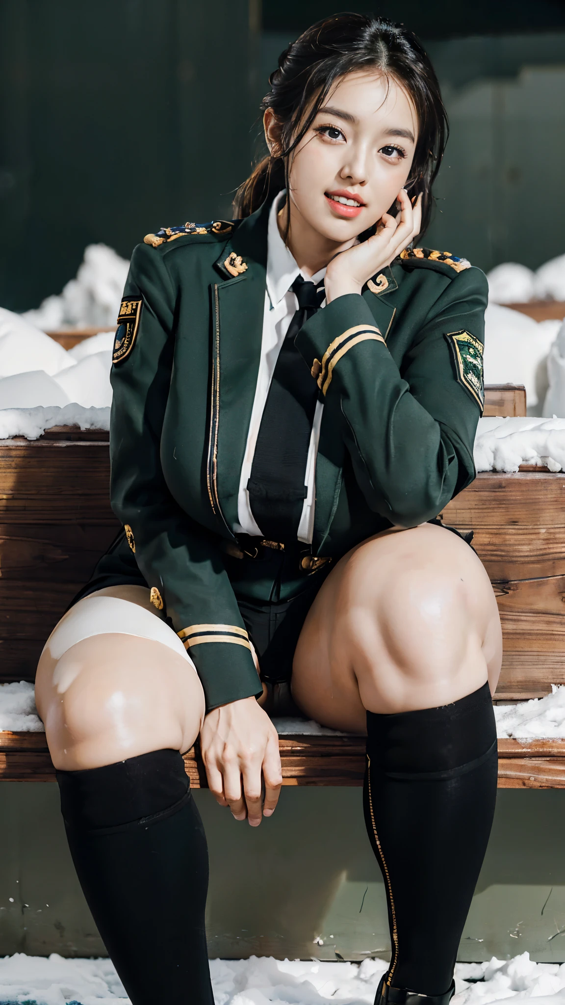 Usually detailed CG Unity 8K wallpaper，（tmasterpiece），（Best quality at best），（ultra - detailed），（ultra real photo），（best character detail：1.36），Nikon D750F / 1.4 55mm，RAW photos，profesional lighting， physically-based renderingt, 1 plump girl, girl soldier，(Dark green military uniform，(Dark green military uniform)，Business suit，Fabric texture military uniform, perfect military composure)，(Wear a plain white shirt under the jacket:1.25)，(black necktie)，((Black panty,))，bare-legged，Plump thighs,military hat，Large wavy curls，Do not tie your hair，Short hair details，Twist braids)，the golden ratio,[:(Have a delicate face:1.2):0.2]:，PureErosFace_V1，Dark thick eyebrows,(gigantic breasts:1.55),(gigantic ass),(Plump thighs:1.45),(Wide crotch:1.55),((Place your finger to your mouth):1.4)，Close-up shot，((Smile full of confidence， shy，On snowy mountains):1.35)，(((Close-up of panties),Close-up of chest,closeup of face,Front view，))，(Sunset sky，gentlesunlight，sunshine on face，(light shining on face)，blue-sky，Sunny smile，light glow)，white teeth，(looking at me)，(((thicc, bbwchan, thick thight, Wide hips, Buttocks swell crazily,🐎🍑,(Spread your legs widely:1.2),attractive pose,sexy pose,there  a woman in uniform sitting on a platform with her legs crossed, bare thighs, bare legs, seductive smile, film grain, cinematic lighting) )，azur lane style),spread legs,
