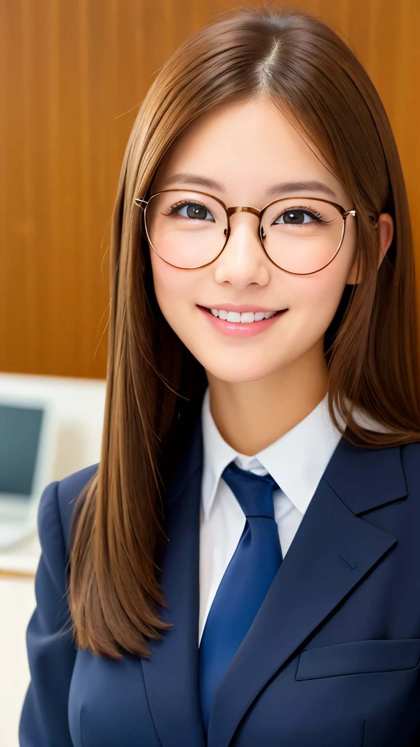 realistic, 1 girl, shining eyes, smile、brown hair、Ultra high definition、Round frame glasses、office、suit、officeチェア、Laptop、white dress shirt