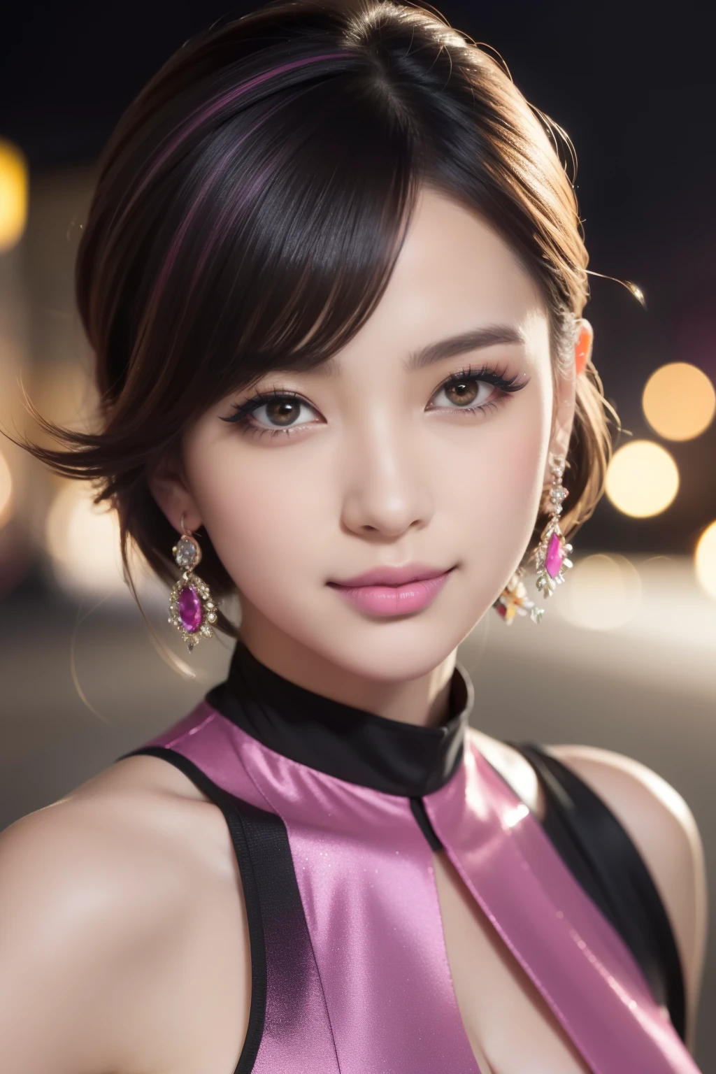 female idol、shiny lip gloss、smiling face、smoky eyeshadow、winged eyeliner、((dramatic lashes))、female silk dress、colorful short hair(neon fuchsia)、flowers in the hair、conceptual art, High quality, Realistic, extremely detailed CG unified 8k wallpaper, highly detailed, High-definition raw color photos, professional photography, Cinematic Light, Beautiful detailed, Super Detail, high detail, (((Bokeh))), depth of fields, illumination, City Street, Super stylish lighting