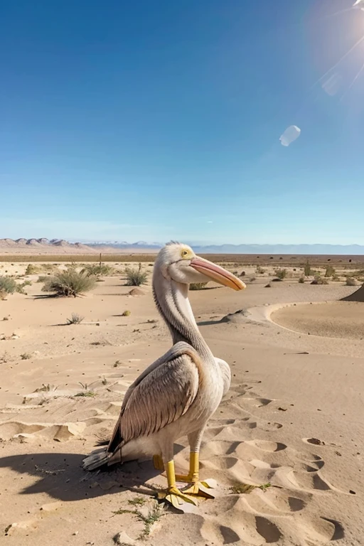 create an ultra-realistic pelican bird in a desert, with arid, dry and cracked land. the scorching sun, and with a frontal view of the pelican so that you can see it and the horizon line and the sky hight blue, and without mountains on the horizon. the pelican must be in a forward position