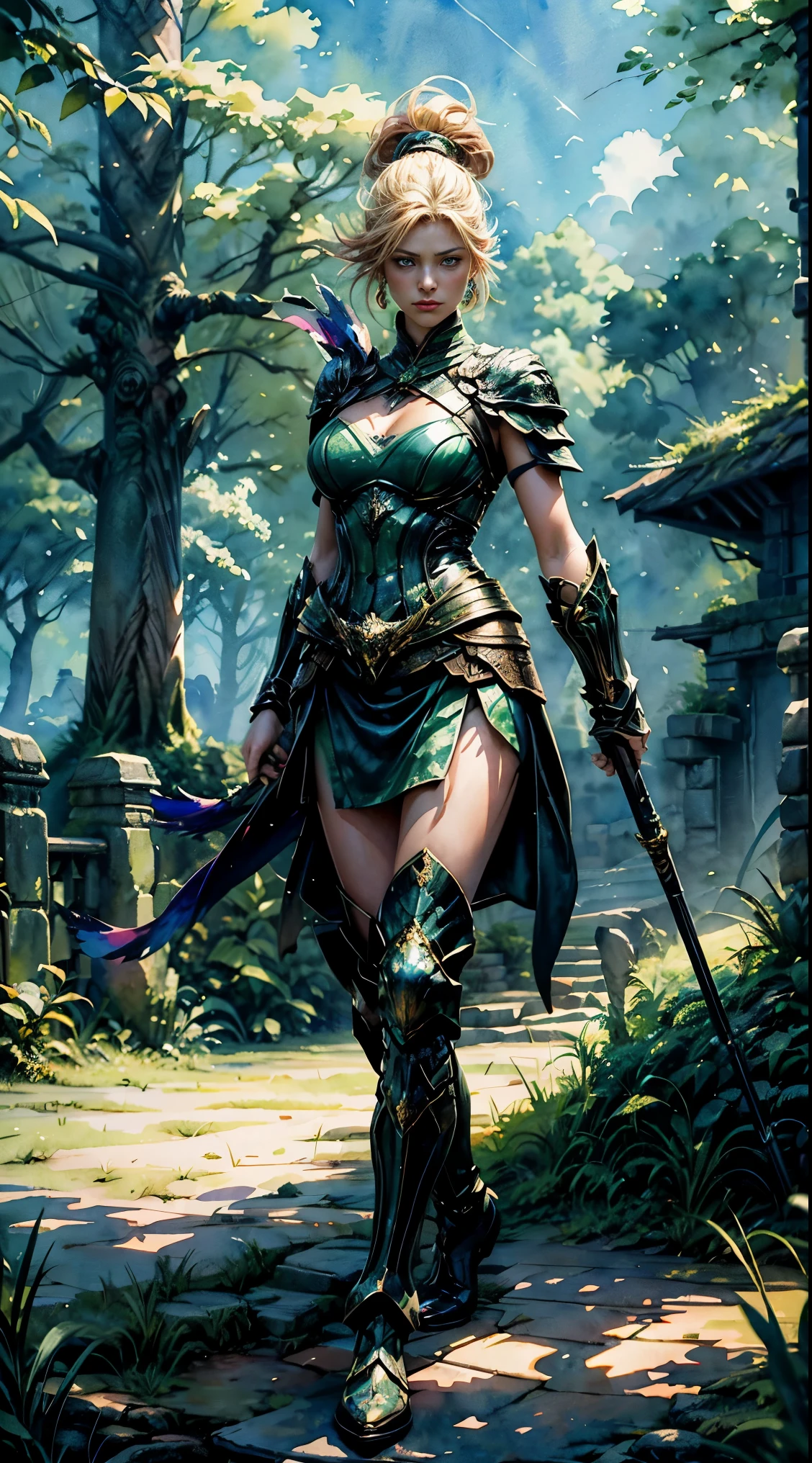 a full body picture, a fantasy female warrior in a holding a staff. bright green eyes, standing in an imposing pose looking at the viewer, The expression is threatening. full battle outfit in shades of green. Soft warm lighting highlights. Create using: digital strokes, Reflect emotions, fantastic dream scene, Detailed character research, ambient color, chaotic atmospher, HD quality, Natural look. Focus on showing the power of warrior, (watercolor painting:1.5), (Super high saturation, bright and vivid colors:1.5), (Look at the audience head-on:1.5)