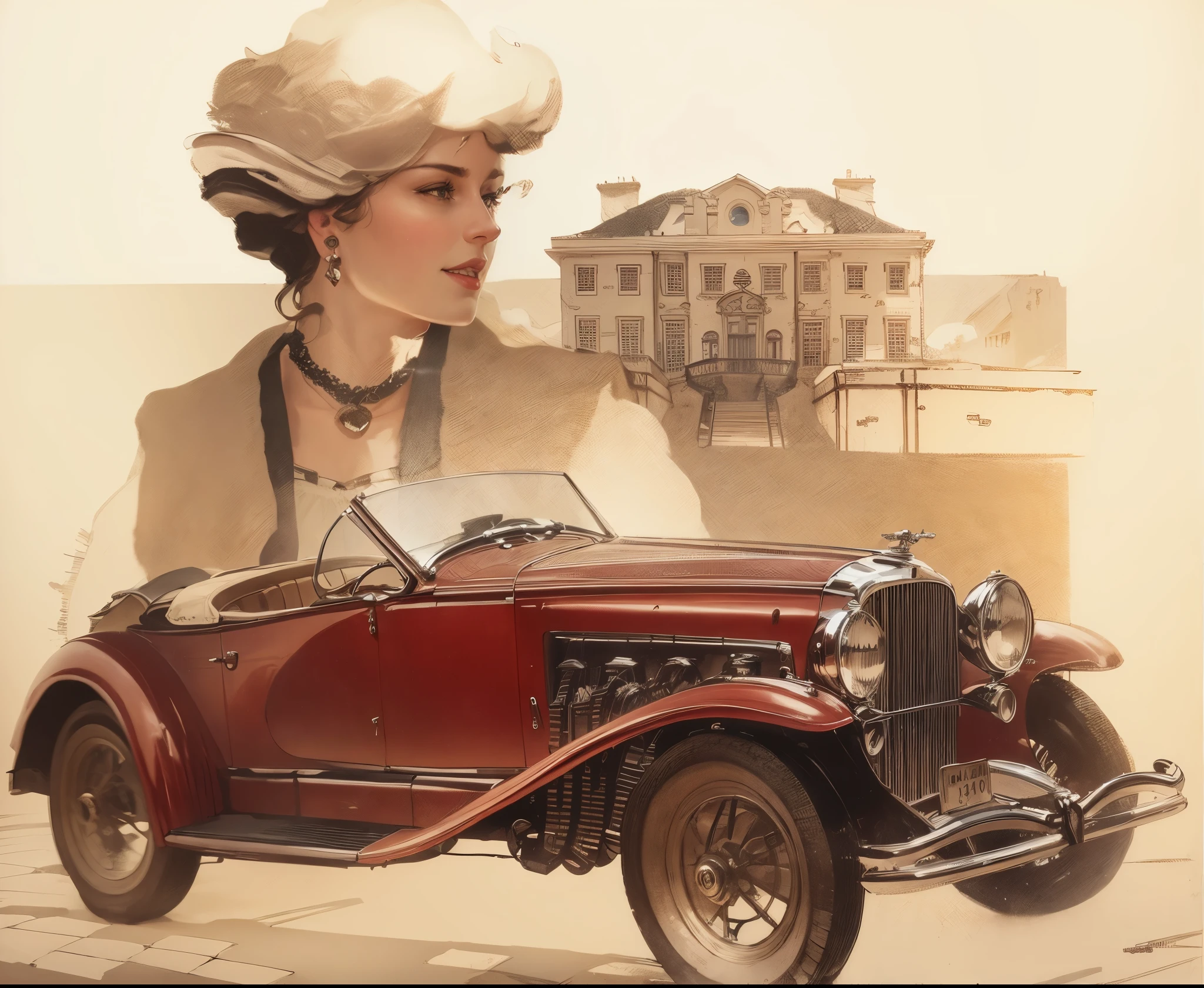A beautiful and amazing vintage Duesemberg car in the foreground a Beautiful classic victorian lady behind and a steampunk mansion in the background