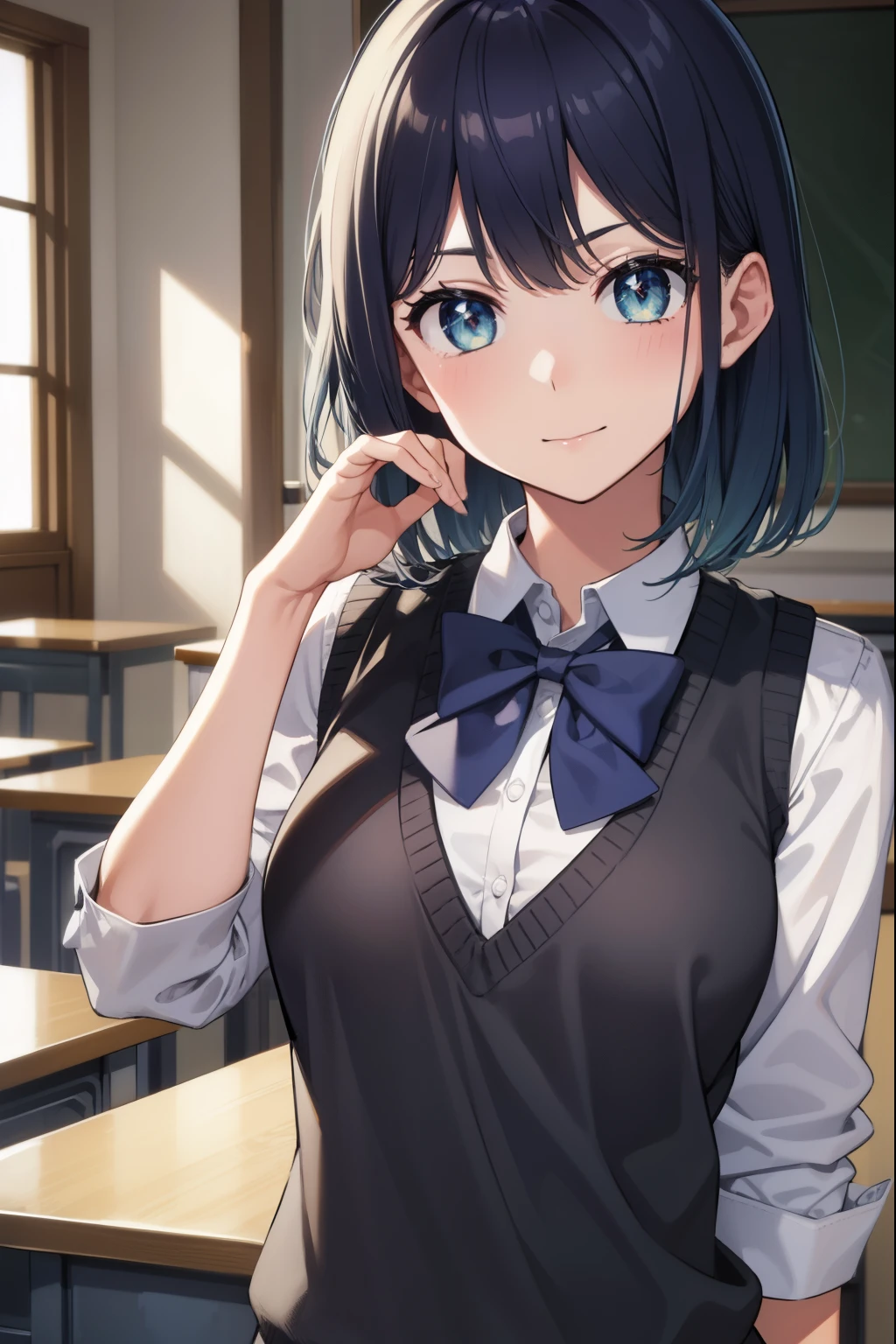 akanekurokawa, akane kurokawa, aqua eyes, blue hair, medium hair, sidelocks,
BREAK black sweater vest, blue bow, blue bowtie, bow, bowtie, collared shirt, long sleeves, puffy sleeves, , shirt, sweater vest, white shirt,
BREAK looking at viewer,
BREAK indoors, classroom,
BREAK (masterpiece:1.2), best quality, high resolution, unity 8k wallpaper, (illustration:0.8), (beautiful detailed eyes:1.6), extremely detailed face, perfect lighting, extremely detailed CG, (perfect hands, perfect anatomy),