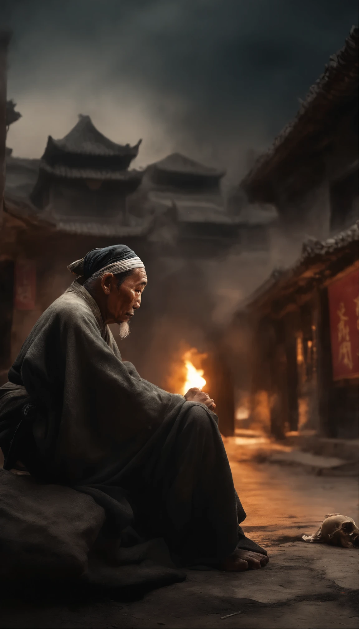 Surreal depiction of a Chinese beggar sitting sadly, pain, ((dried teardrops)), With cap, Hanfu，dusty face and cloth,(( A destroyed Chinese city in the background, ancient building。((street))，fire, ((Human corpses on the ground)), some people are crying, Destroyed buildings)), some people are walking around, (((walking around aimlessly，feebly))), Super detailed, dynamic color, Black and gray shades, Super emotional pictures, Set against a haunting dark background，Surrounded by swirling black smoke. 