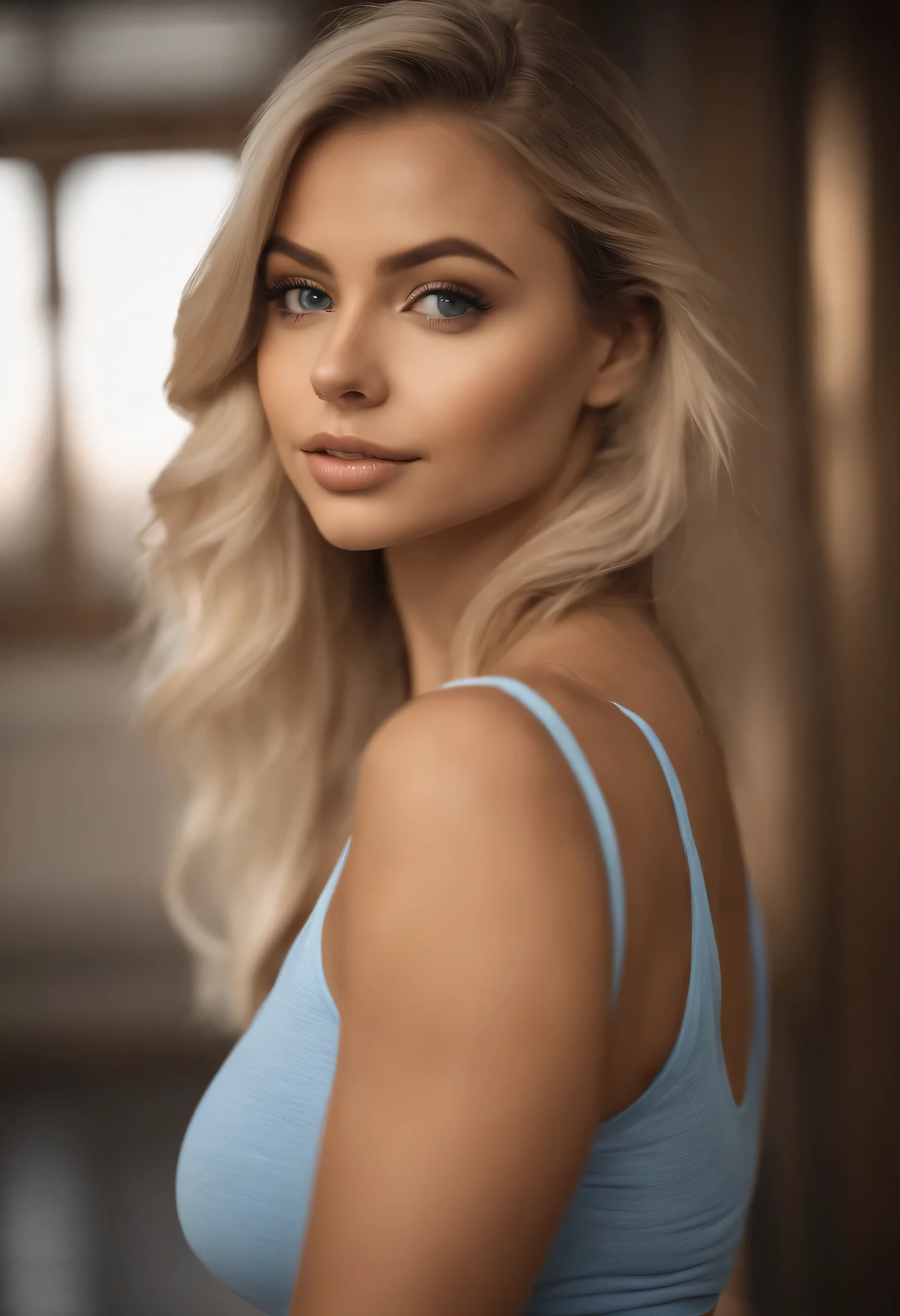 Woman in matching tank top and panties, Sexy girl with blue eyes, Portrait of Sophie Mudd, Portrait of Korina Cope, Blonde hair and big eyes, Selfie of a young woman, One's makeup, Natural makeup, Look directly into the camera, Faces with artgrams, Dezentes Makeup, Great full-body photos, in the room, large full breasts, a blond, Latina, gym