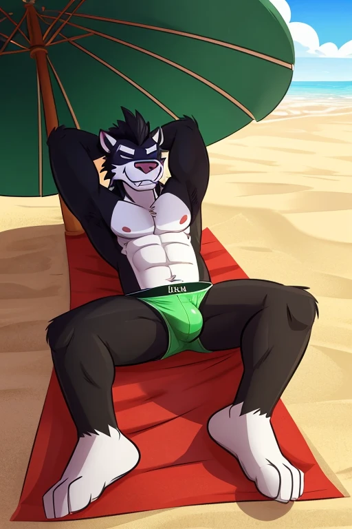 Obstagoon, (by fuze, braeburned, iztli, ventkazemaru, ultilix, anti dev), underwear, solo, sleeping on a towel at the beach under an umbrella, both hands behind his head