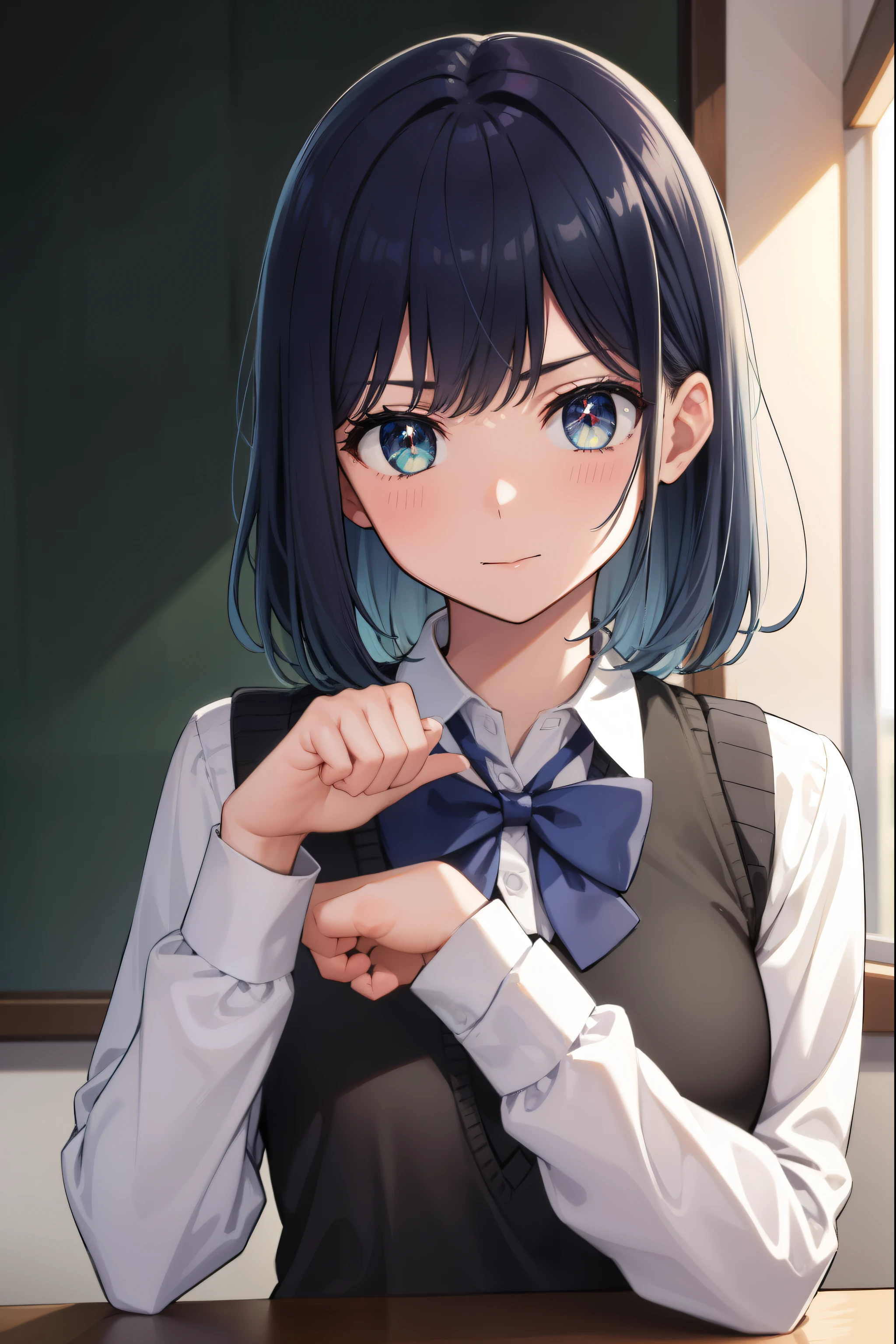 akanekurokawa, akane kurokawa, aqua eyes, blue hair, medium hair, sidelocks,
BREAK black sweater vest, blue bow, blue bowtie, bow, bowtie, collared shirt, long sleeves, puffy sleeves, , shirt, sweater vest, white shirt,
BREAK looking at viewer,
BREAK indoors, classroom,
BREAK (masterpiece:1.2), best quality, high resolution, unity 8k wallpaper, (illustration:0.8), (beautiful detailed eyes:1.6), extremely detailed face, perfect lighting, extremely detailed CG, (perfect hands, perfect anatomy),