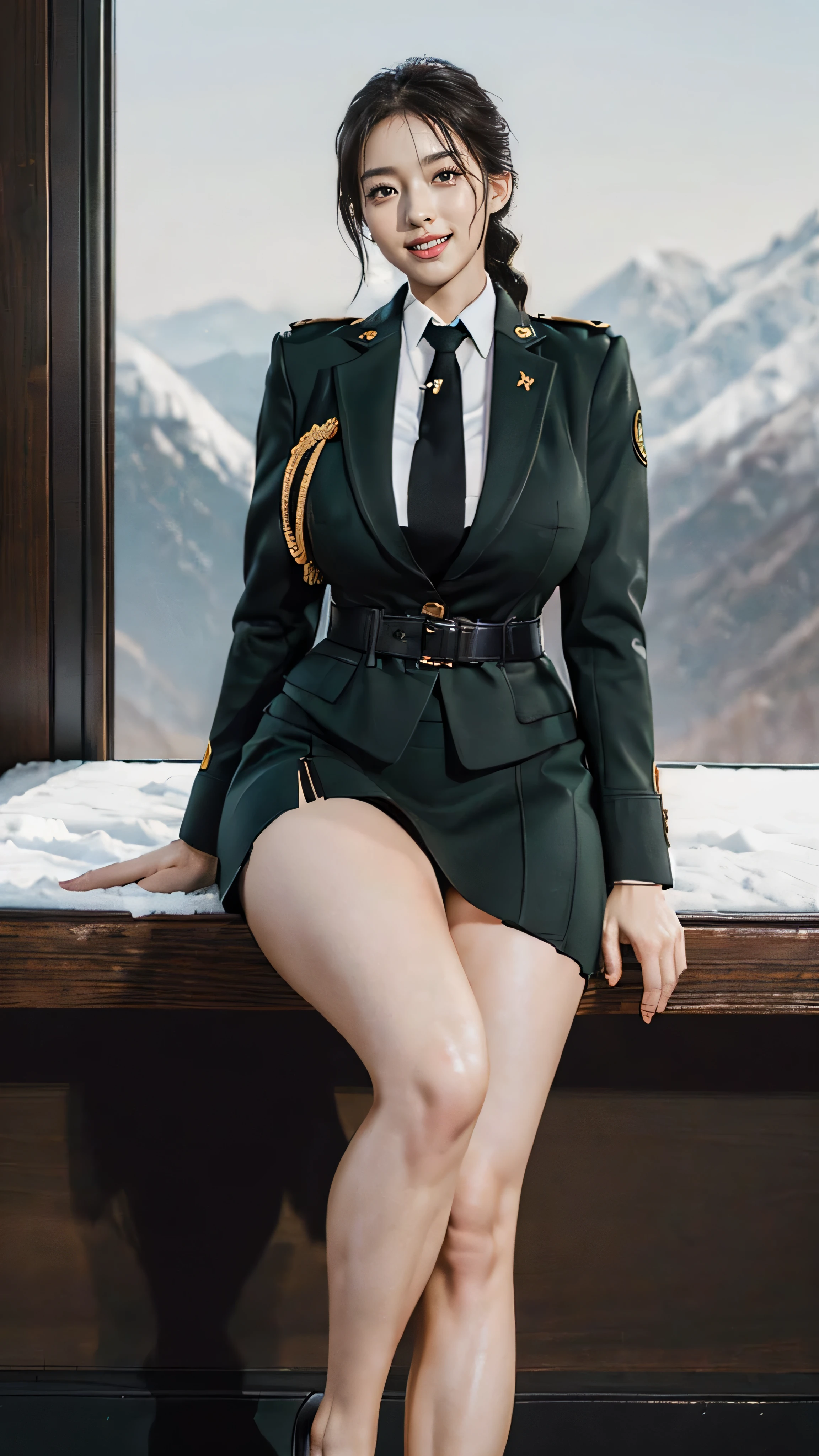 Typically detailed CG Unity 8K wallpapers，（masterpiece），（best quality），（Super detailed），（Super real photos），（Best character details：1.36），Nikon D750F / 1.4 55mm，original photo，professional lighting， Physically based rendering, 1 plump girl, female soldier，(Dark green military uniform，(Dark green military uniform)，business suit，Fabric texture military uniform, Perfect military calm)，(Wear a plain white shirt under the jacket:1.25)，(black tie)，((Black panty,))，bare legs，plump thighs,military cap，Large wavy curls，Do not tie your hair，Short hair details，Twist braids)，golden ratio,[:(Have a delicate face:1.2):0.2]:，pure face_v1，thick bushy eyebrows,(huge breasts:1.55),(huge ass),(plump thighs:1.45),(wide hips:1.55),((Place your finger to your mouth):1.4)，close-up，((Smile full of confidence， Shy，on snowy mountains):1.35)，(((Close-up of panties),Close-up of chest,face close-up,Front view，))，(sunset sky，gentlesunlight，sunshine on face，(light shining on face)，blue sky，sunny smile，brilliance)，white teeth，(look at me)，(((Tik, bbw sauce, Thick and tight, wide hips, Buttocks swell crazily,🐎🍑,(Spread your legs apart:1.2),attractive pose,sexy pose,One word horse, Bare thighs, bare legs, seduct smile, film grain, Cinema lighting) )，azure lane style),spread legs,