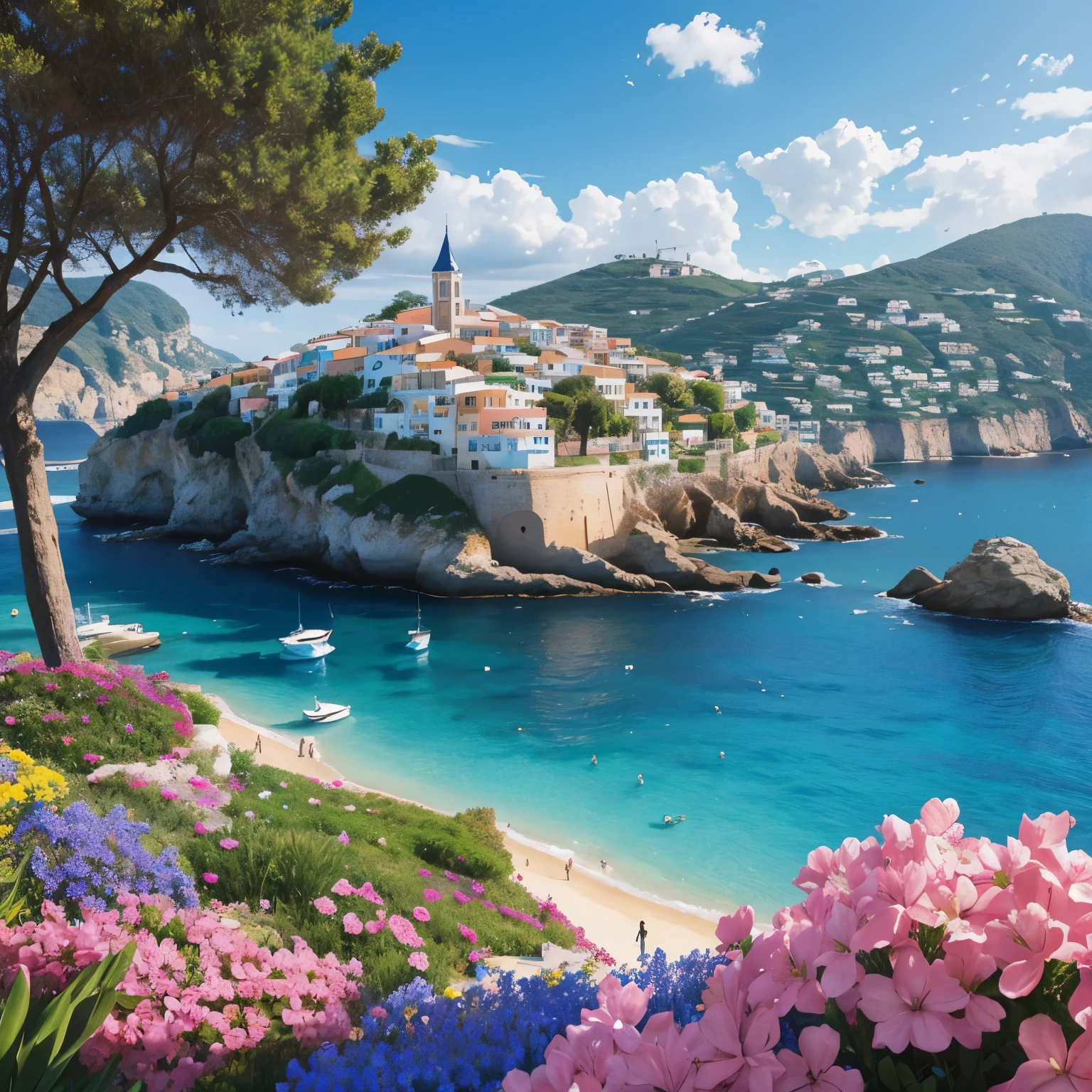 The image features a beautiful scene of a Mediterranean village with a stunning backdrop of blue and white buildings, pink flowers, and a serene blue ocean. The village is situated on a cliff overlooking the water, creating a picturesque and idyllic atmosphere. The vibrant colors and charming architecture make this location an ideal setting for a postcard or a painting. The combination of the blue and white buildings, pink flowers, and the blue ocean creates a harmonious and visually appealing composition that can be appreciated by art enthusiasts and tourists alike. This artwork can be used as a decorative piece to bring a touch of Mediterranean charm and serenity to any space, whether it's a living room, bedroom, or office. It can also serve as a thoughtful gift for someone who loves travel, art, or has a special connection to the Mediterranean region.