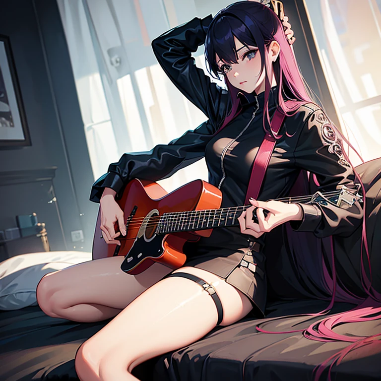 there is a woman that is laying down on a bed，holding guitars, Guviz-style artwork, style of anime4 K, Ross Tran 8 K, Digital cyberpunk anime art, Guweiz in Pixiv ArtStation, Guweiz on ArtStation Pixiv, e - girl, E-Girl, cyberpunk anime girl, Fanart Meilleure ArtStation，lean legs，blacksilk