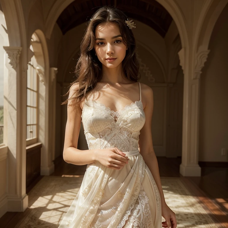 A captivating 3D rendering of a fashion portrait featuring a dashing young man with messy shoulder-length hair. He extends a graceful gesture, holding a vibrant red rose, while the portrait itself seems to come alive with an aura of enchantment. A breathtaking woman with cascading wavy hair stands captivated before the artwork, her eyes and posture conveying profound amazement and passion in love. The backdrop is a mesmerizing hanging garden of pure white, highlighting the rich colors and intricate details of the characters and flowers. This cinematic masterpiece draws viewers into its magical world, making it a perfect poster for a romantic film or fashion campaign., poster, fashion, portrait photography, cinematic, vibrant