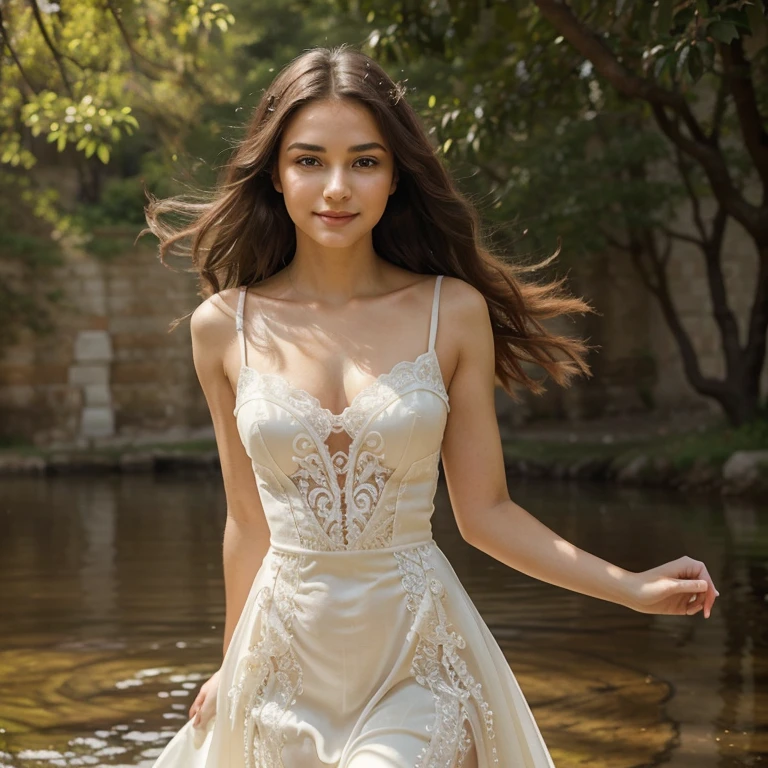 beautiful girl with a confident expression on her face, soft lighting, Artistic style of oil painting, bright colors, high contrast, dynamic composition, captivating gaze, thin smile, graceful pose, Serene and peaceful background, elegant and graceful movements, Impeccable attention to detail, thin strokes, intricate patterns, Long flowing dress, Delicate lace accents, exquisite jewelry, Sparkling Gemstones, realistic rendering, Fairytale atmosphere, Strong emotion, feminine charm, mysterious aura, timeless beauty.