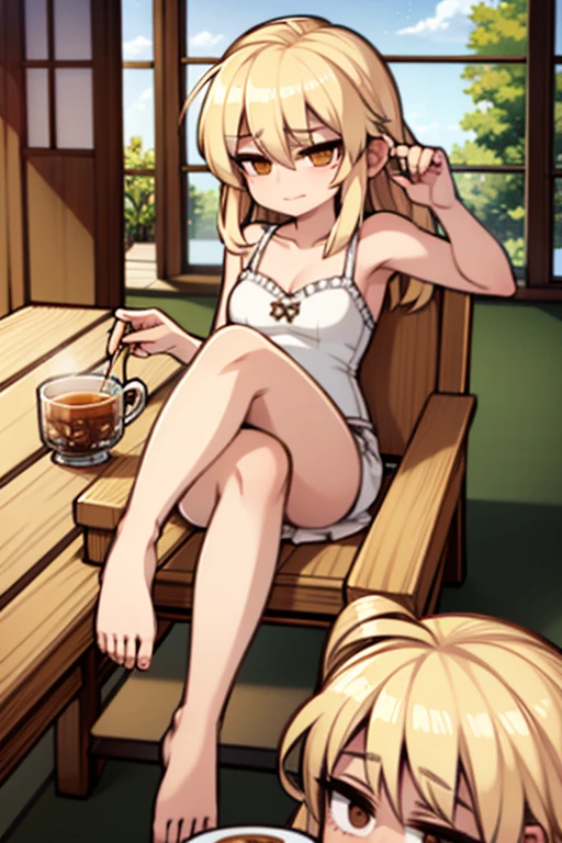 (((masterpiece))), ((highest quality)), ((Very detailed)), ((High resolution)), ((8k)), ((Anatomically correct)), ((The correct number of fingers)), One Woman, Kagamine Rin, Vocaloid, Blonde Hair, short hair, (White ribbon on head), Short, Very cute woman, delicate, Charming smile, Blue eyes, Bright Eyes, Best moment, Vivid eyes, Beautiful Skin, Cute face, delicateな腕, Detailed skin texture, Intricate details, Very detailedな顔, Beautiful Eyes, Beautiful curves, View your viewers, Beautiful thighs, A red bikini with frills on the top, Denim shorts on the lower body, A busy cafe at night, Sweat, Place your hands on your knees, Wearing Sandals, smug face,  Beautiful standing posture, Model standing,