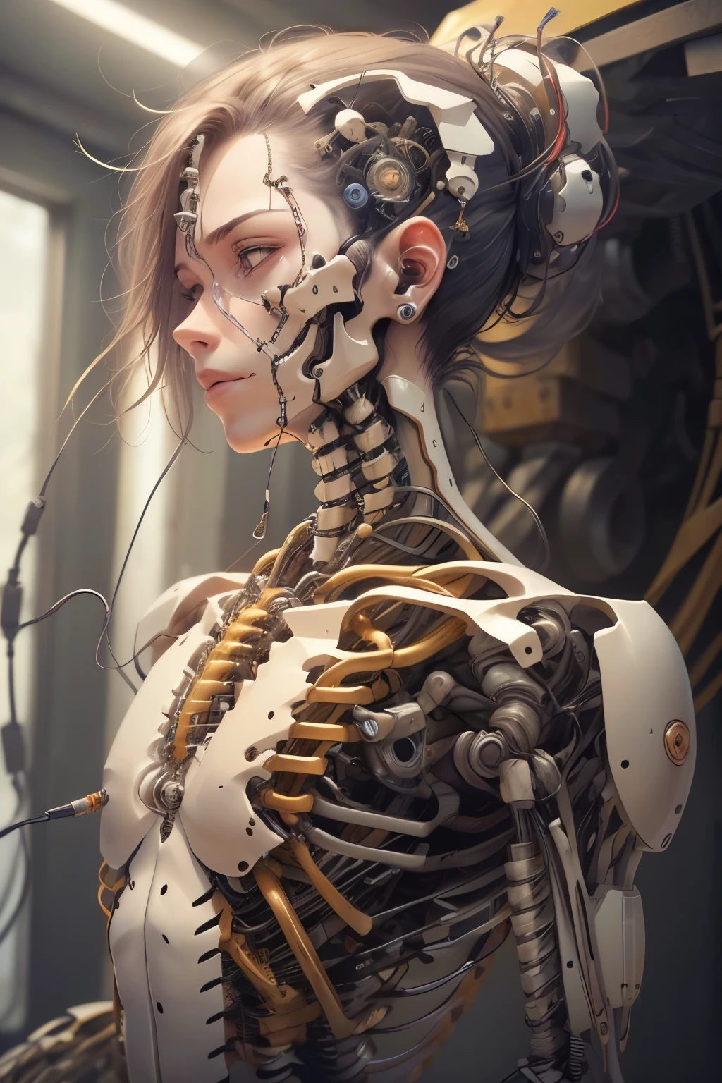 (((arte))), (((melhor qualidade))), ((ultradetalhada)), (highly detailed CG illustration), ((extremamente delicado e bonito)),(lindo rosto delicado), cinematic light, ((1 mechanical girl)), Sozinho, corpo inteiro, (machine-made joints: 1,4),((mechanical members)),(Blood Vessels Attached to Tubes),((mechanical vertebra fixed to the back)),((cervical mechanical fixation to the neck)),((sentado)),expressivo,(Wires and cables attached to the head and body: 1,5),(Foco no personagem),Science fiction