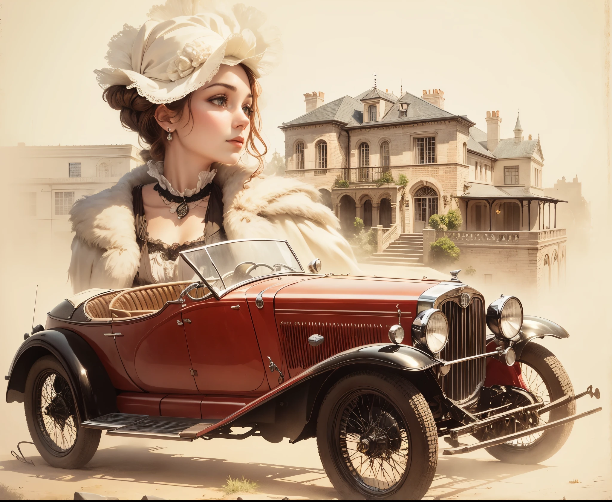 A beautiful and amazing vintage Duesemberg car in the foreground a Beautiful classic victorian lady behind and a steampunk mansion in the background