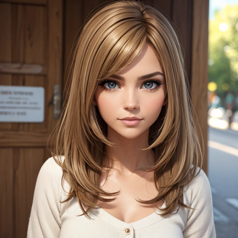 Una mujer con cara rectangular, ojos verdes felinos con cejas redondeadas, nariz chata, small mouth with rounded lips, frente convexa, flat cheeks and asymmetrical cheekbones, 3D, full body, movie scenes, ultra realistic, colorful. 4K, --ar 2:1, ojos verdes, light brown hair with blonde highlights, liso y un poco lacio, que enmarque su rostro