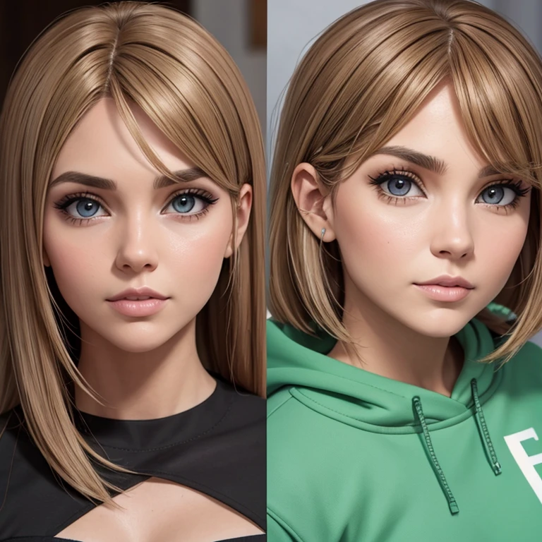Una mujer con cara rectangular, ojos verdes felinos con cejas redondeadas, nariz chata, small mouth with rounded lips, frente convexa, flat cheeks and asymmetrical cheekbones, 3D, full body, movie scenes, ultra realistic, colorful. 4K, --ar 2:1, ojos verdes, light brown hair with blonde highlights, liso y un poco lacio, que enmarque su rostro