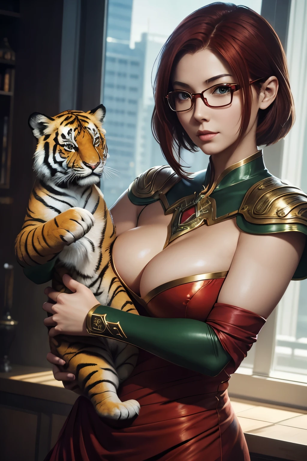 Short, Red hair, green eyes, young, cute woman wearing metal frame glasses, with size 2 breasts, in a red dress holding a tiger cub, Ruan Jia and Artgerm, Artgerm and Ruan Jia, Inspired by Lan Ying, inspired by Pu Hua, extremely detailed art germ, artgerm and Rossris, fantasy art style, In the style of Artgerm, Artgerm in detail, :: Rossris