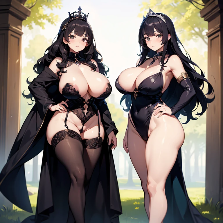 (((TWO WOMEN))), BREAK, (big breasts), nice hips, detailed skin, ((SHARP detail perfect face)). ((princess)), (18 years old), tiara,black hair, (skimpy black two part princess dress), ((thong)), heels, straight hair, BREAK, ((queen)), ((mature woman)), (30 years old), (huge breasts), bearing hips, voluptuous, detailed skin, ((SHARP detail perfect face)), (crown), black hair, (skimpy black two part queen dress), ((thong)), heels, nipples bulging through fabric, black stockings, (wavy hair), BREAK, ((masterpiece)), best quality, (SHARP details), 4k, (((two females))), outdoors, full body shot, BREAK,