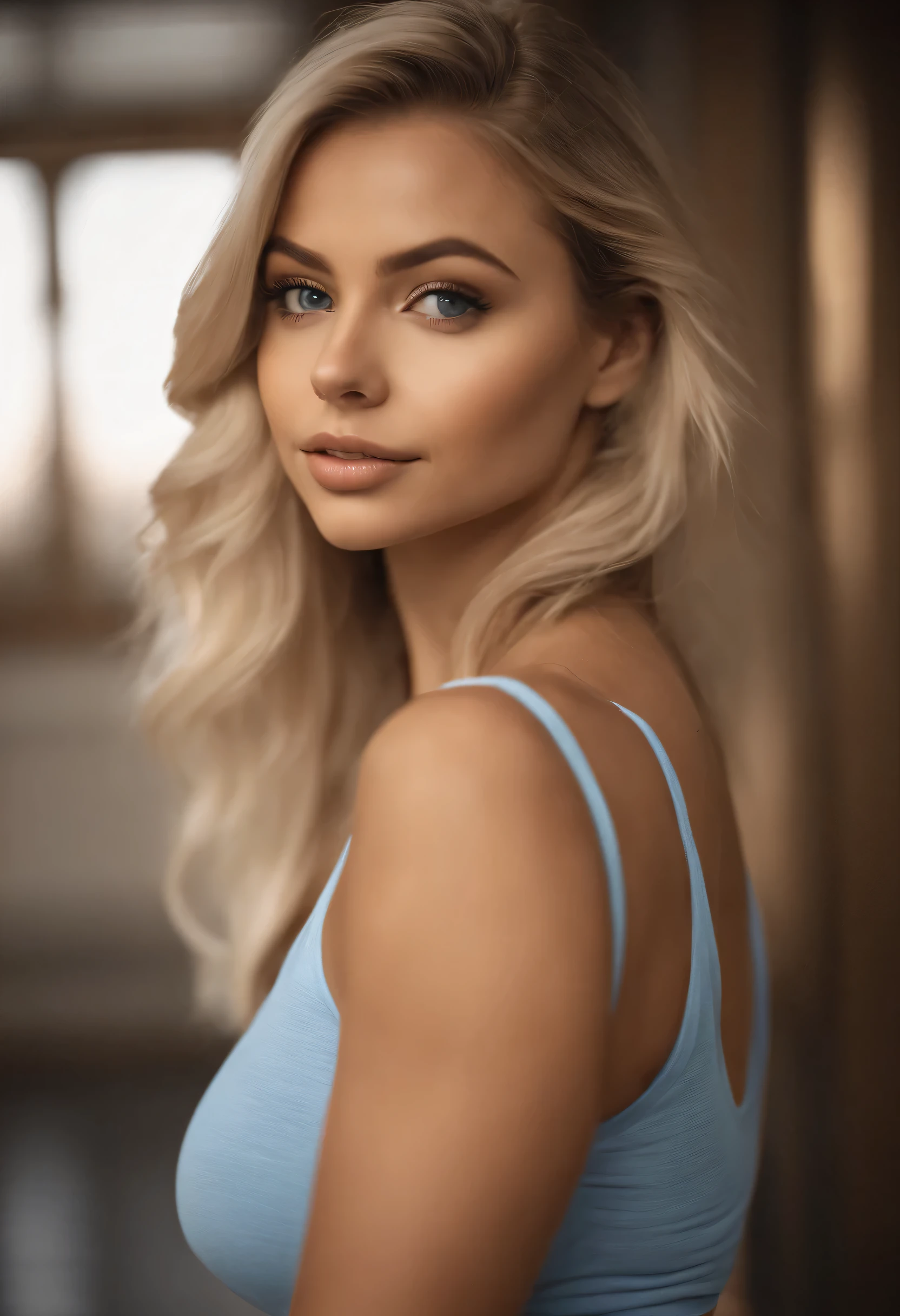 Woman in matching tank top and panties, Sexy girl with blue eyes, Portrait of Sophie Mudd, Portrait of Korina Cope, Blonde hair and big eyes, Selfie of a young woman, One's makeup, Natural makeup, Look directly into the camera, Faces with artgrams, Dezentes Makeup, Great full-body photos, in the room, large full breasts, a blond, Latina, gym